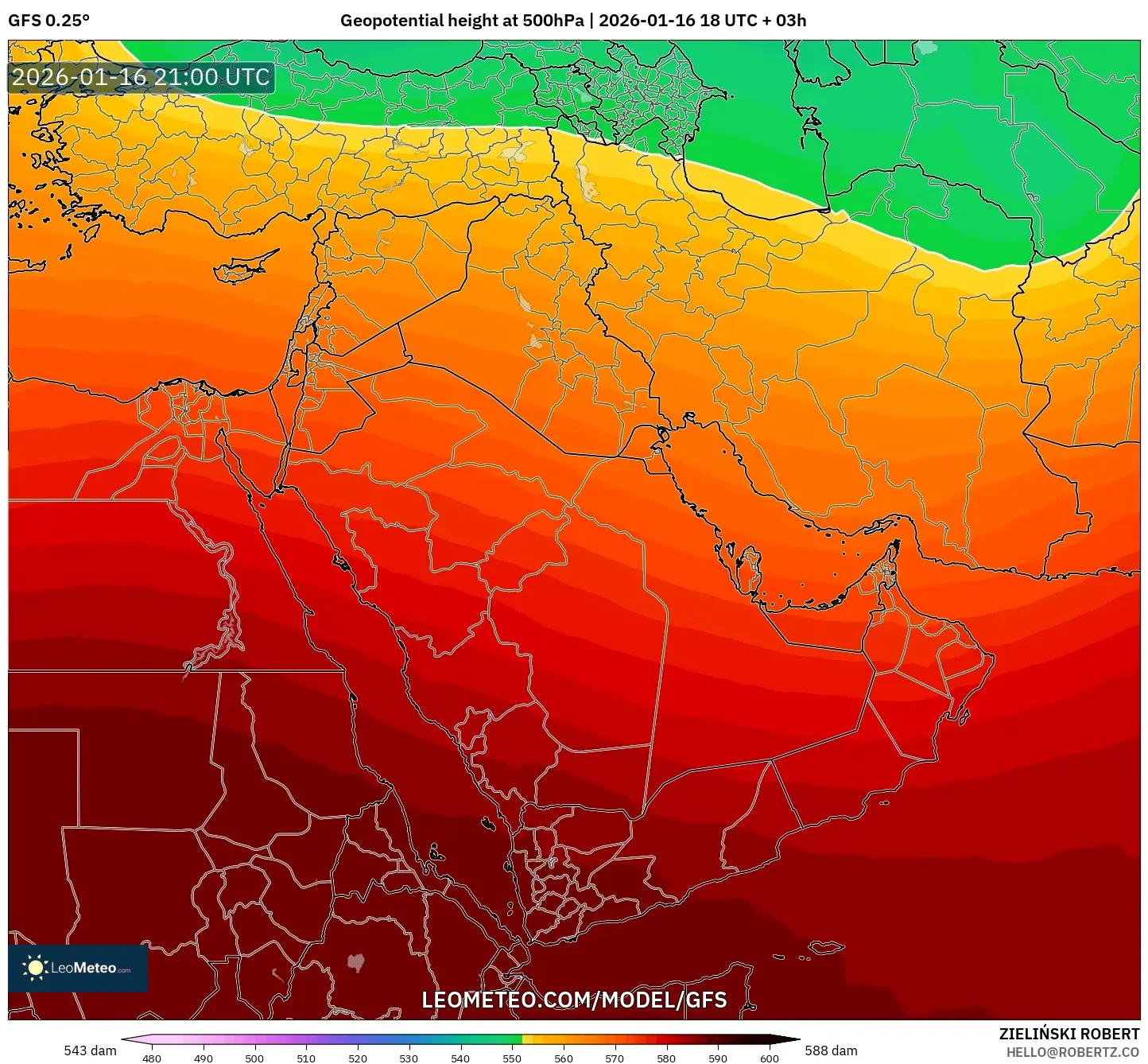 GFS model - Middle East, Geopotential height at 500hPa