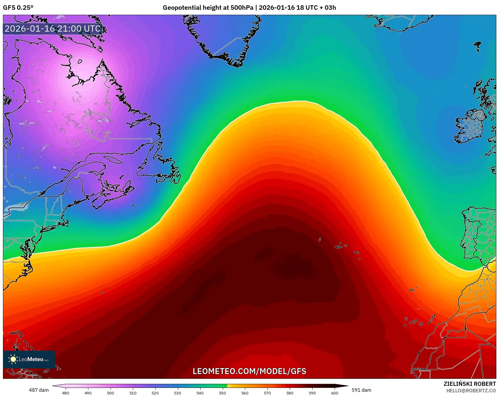GFS model - North Atlantic, Geopotential height at 500hPa