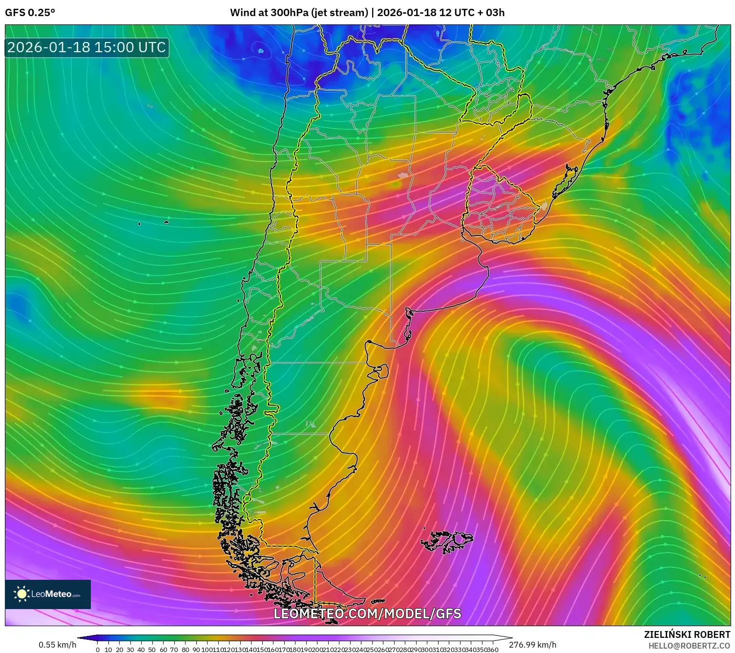 GFS model - Argentina, Wind at 300hPa (jet stream)