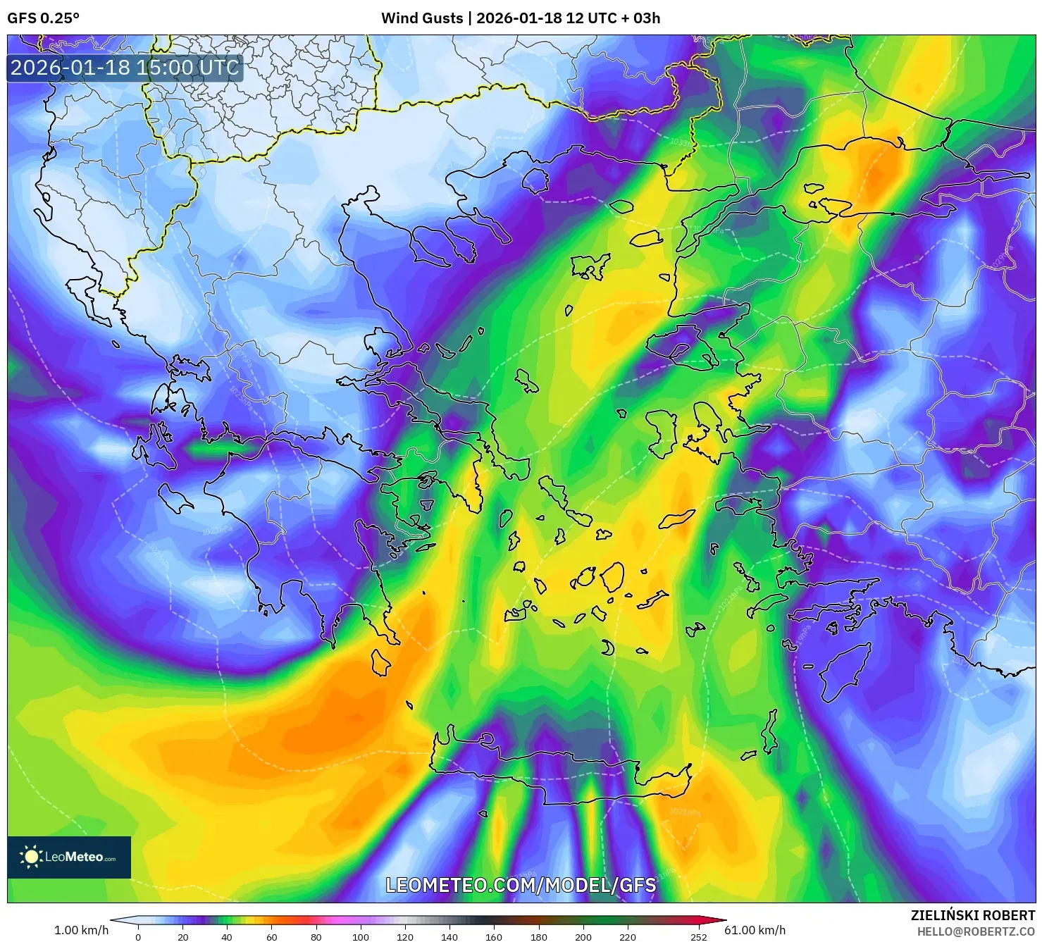 GFS model - Greece, Wind Gusts