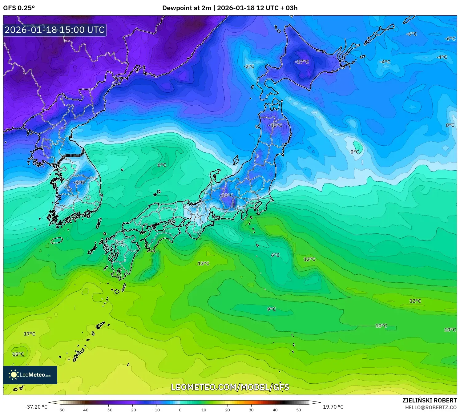 GFS model - Japan, Dewpoint at 2m