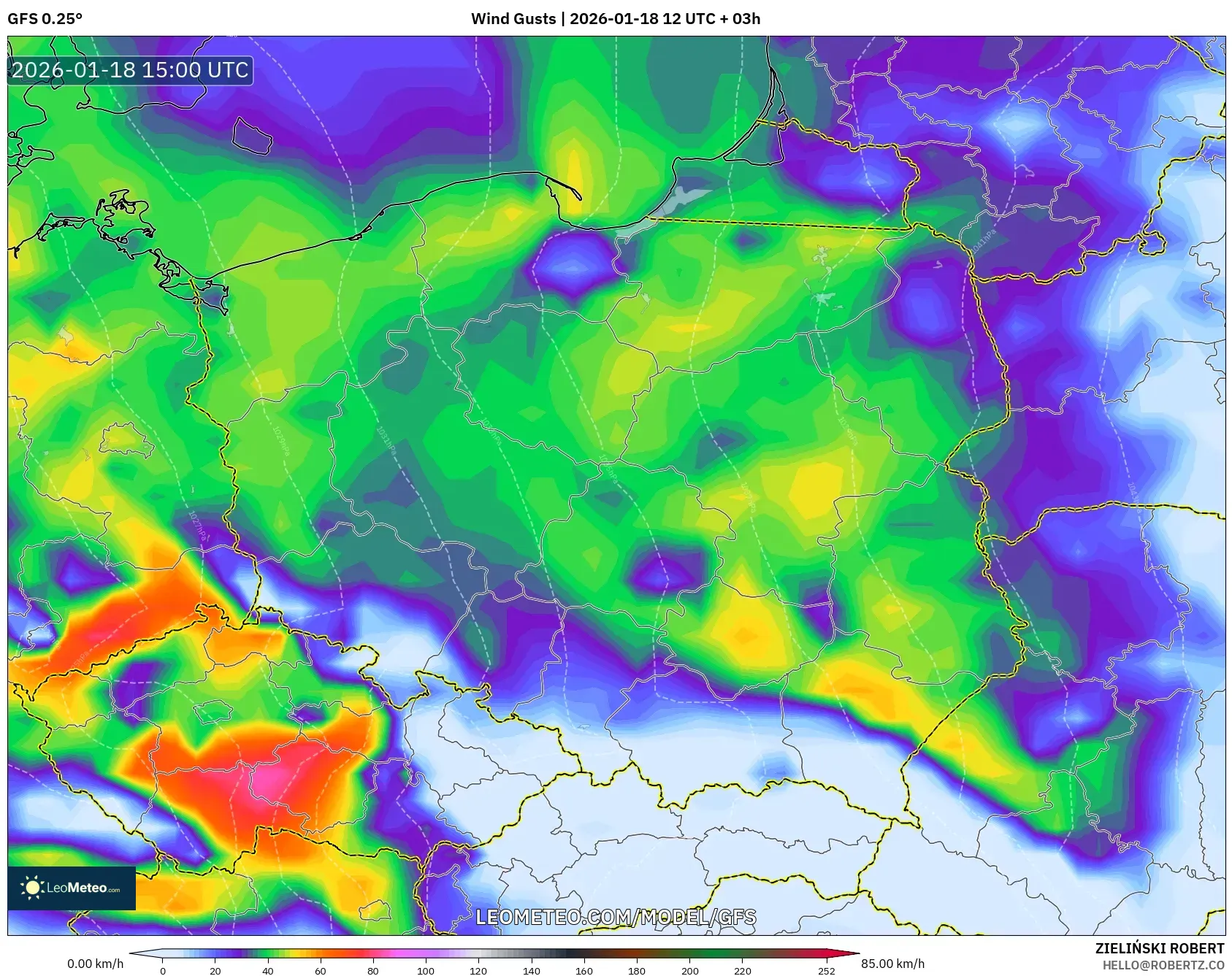 GFS model - Poland, Wind Gusts