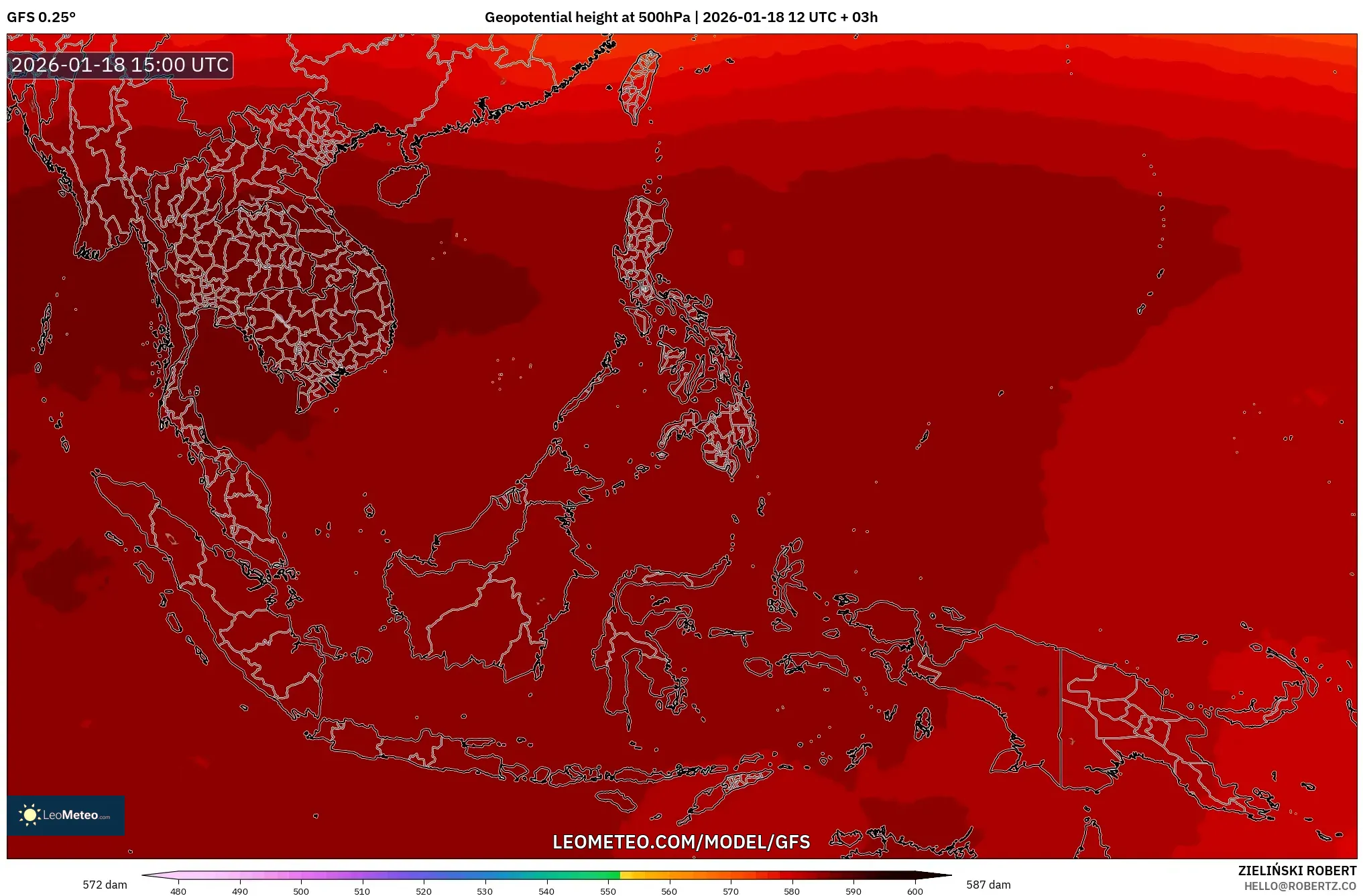 GFS model - South East Asia, Geopotential height at 500hPa
