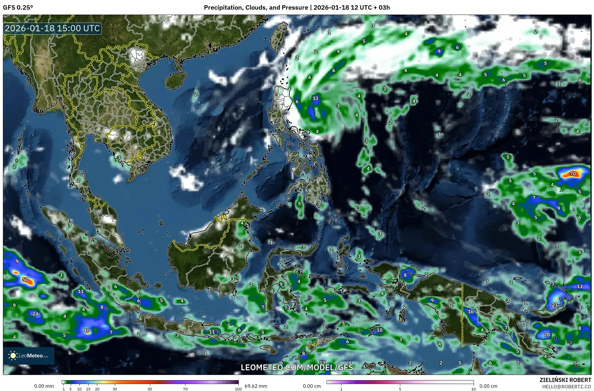 GFS model - South East Asia, Precipitation, Clouds, and Pressure