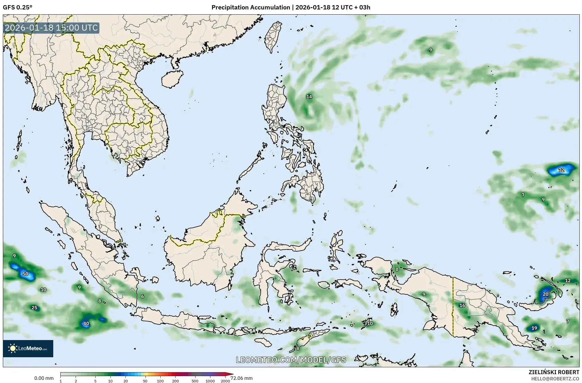 GFS model - South East Asia, Precipitation Accumulation