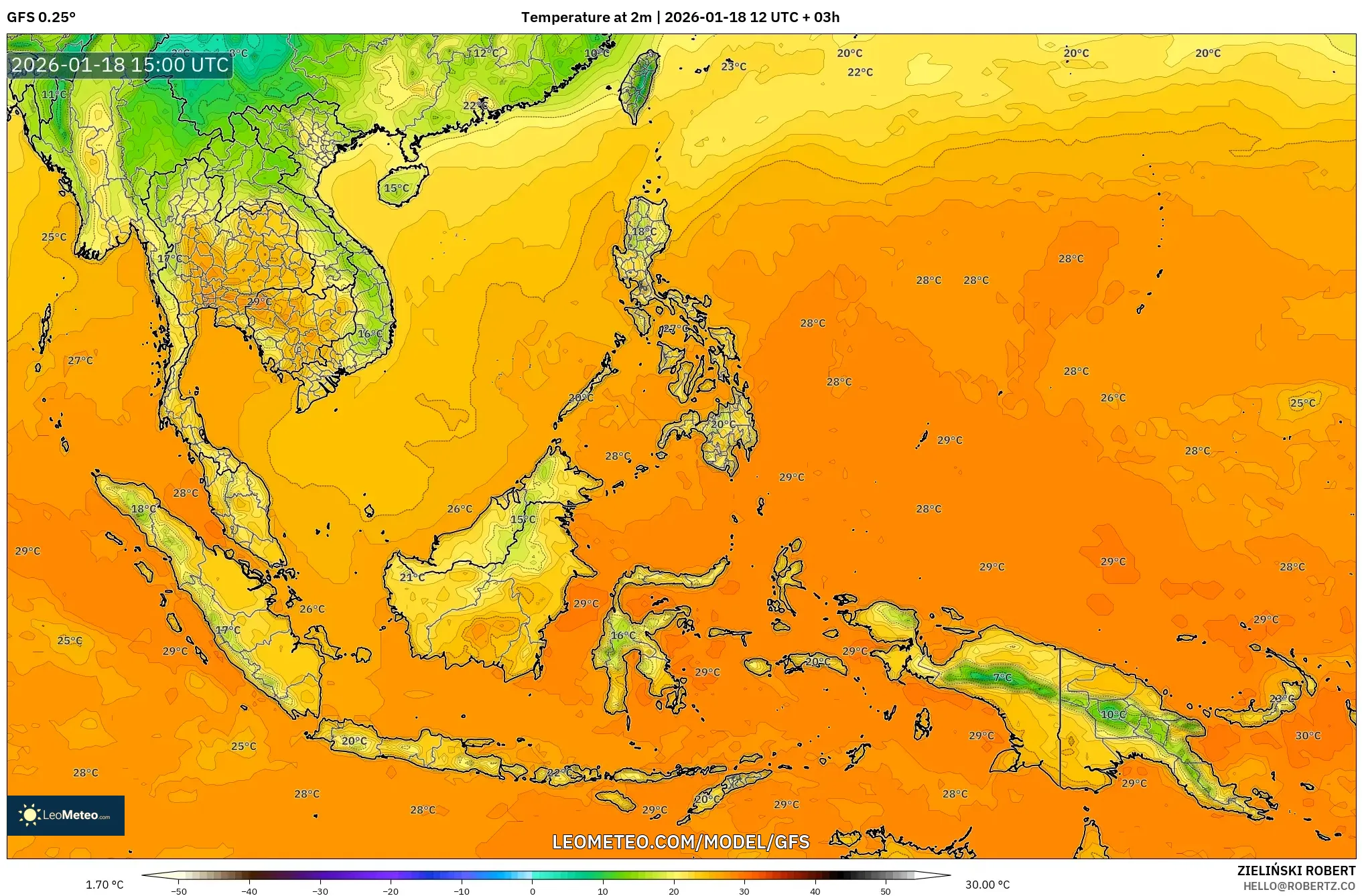 GFS model - South East Asia, Temperature at 2m