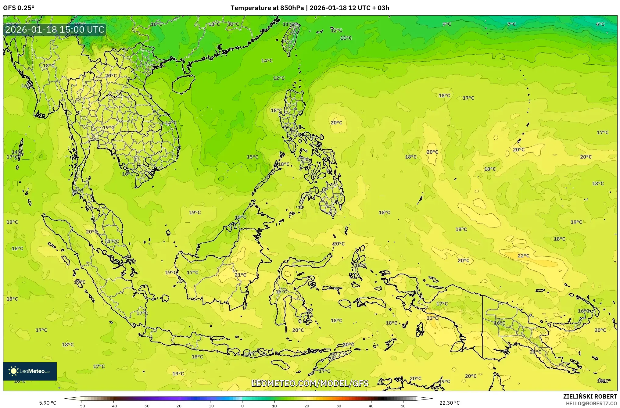 GFS model - South East Asia, Temperature at 850hPa