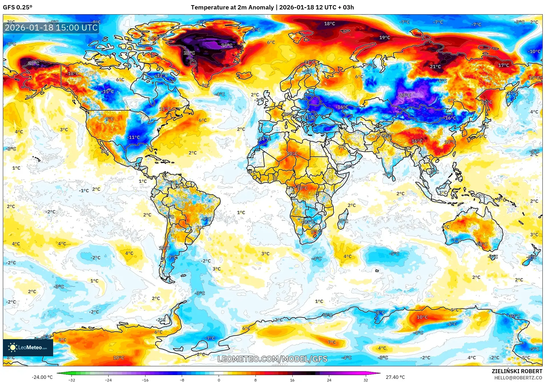 GFS model - World, Temperature at 2m Anomaly