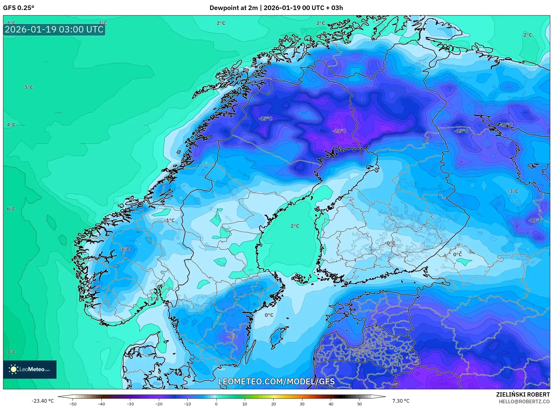 GFS model - Scandinavia, Dewpoint at 2m