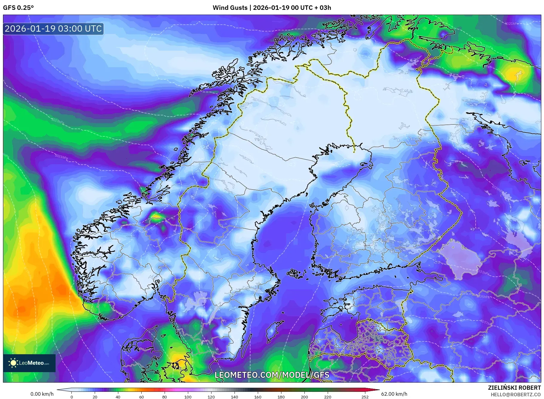 GFS model - Scandinavia, Wind Gusts