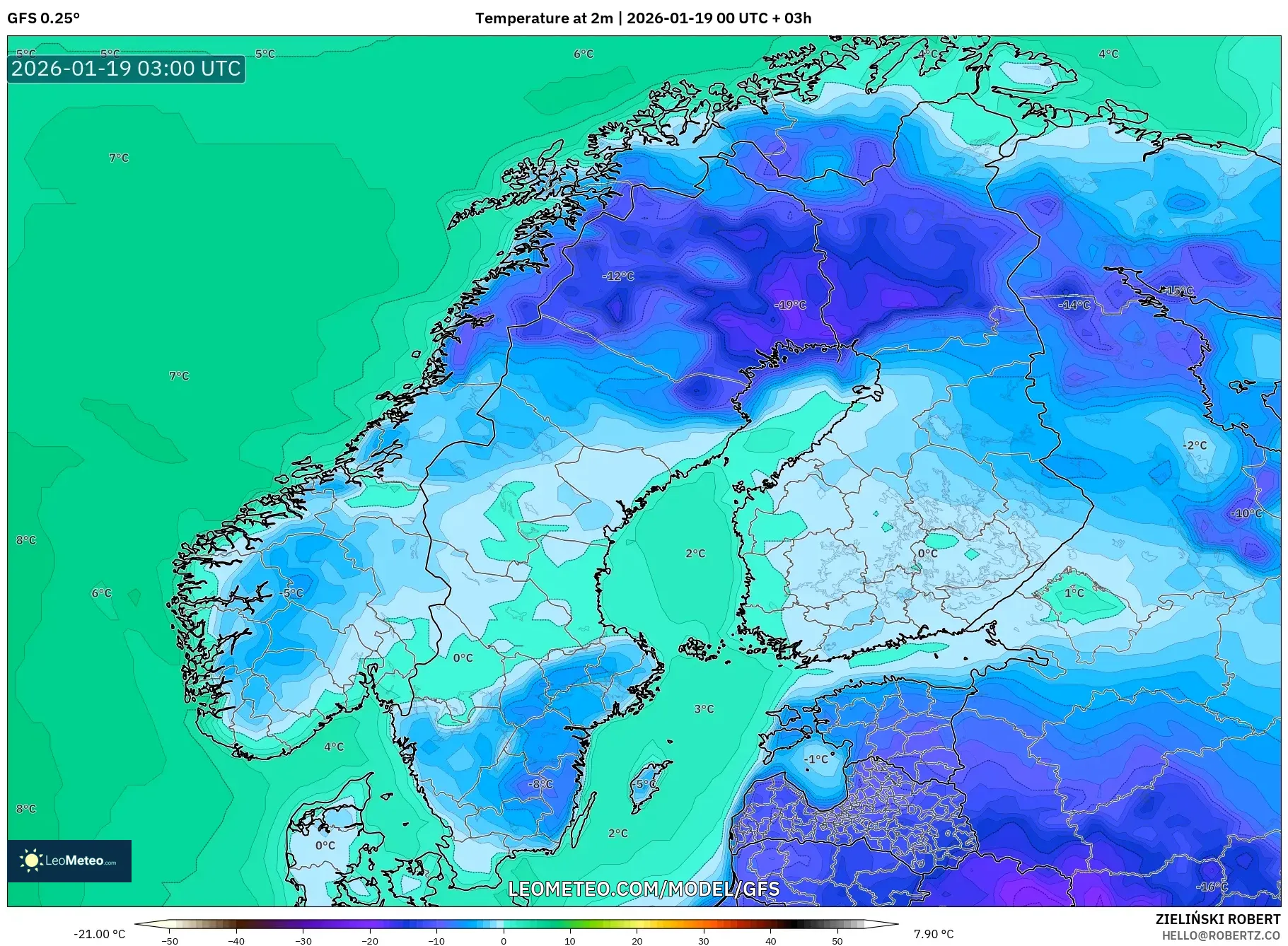 GFS model - Scandinavia, Temperature at 2m