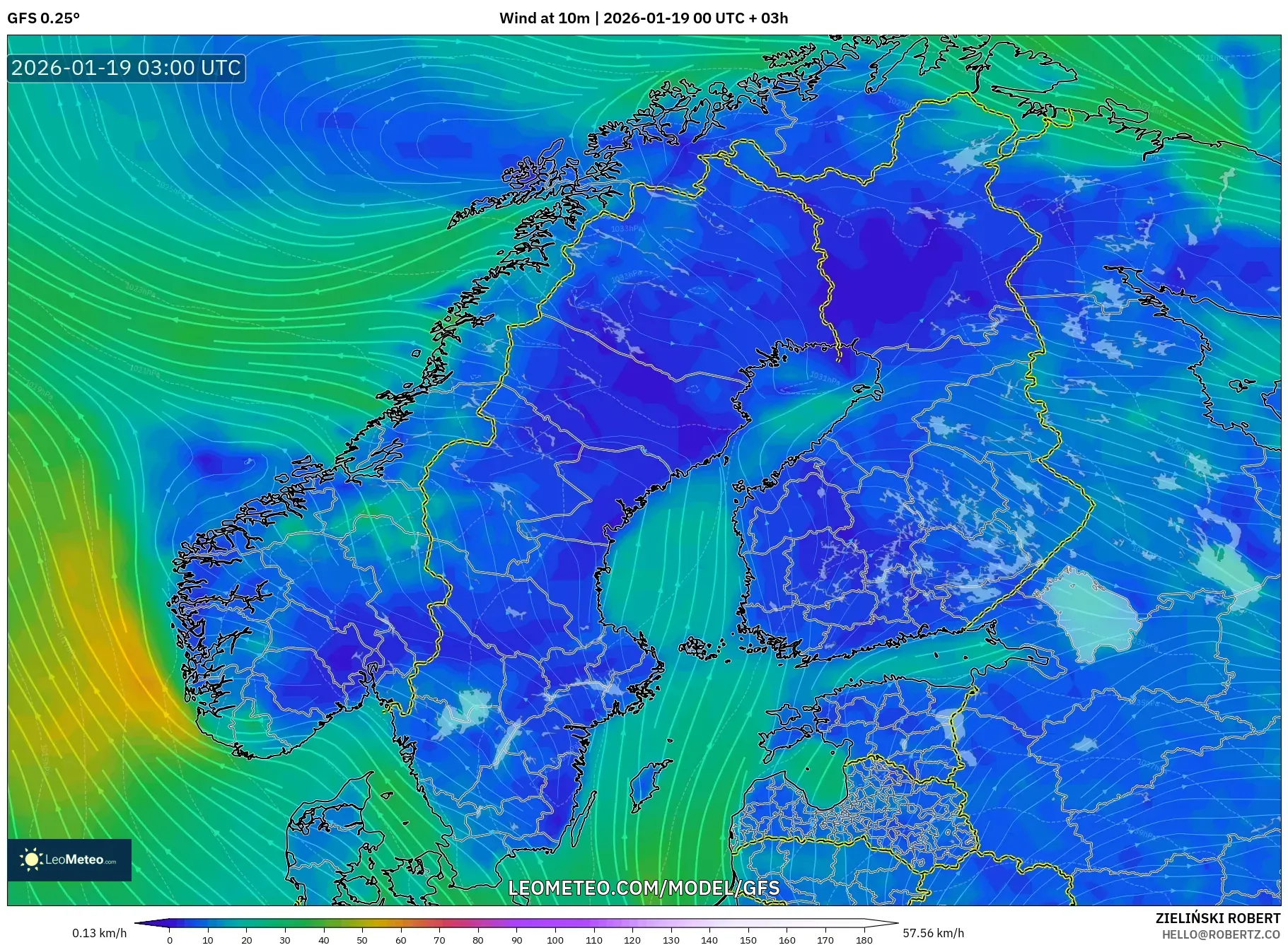 GFS model - Scandinavia, Wind at 10m