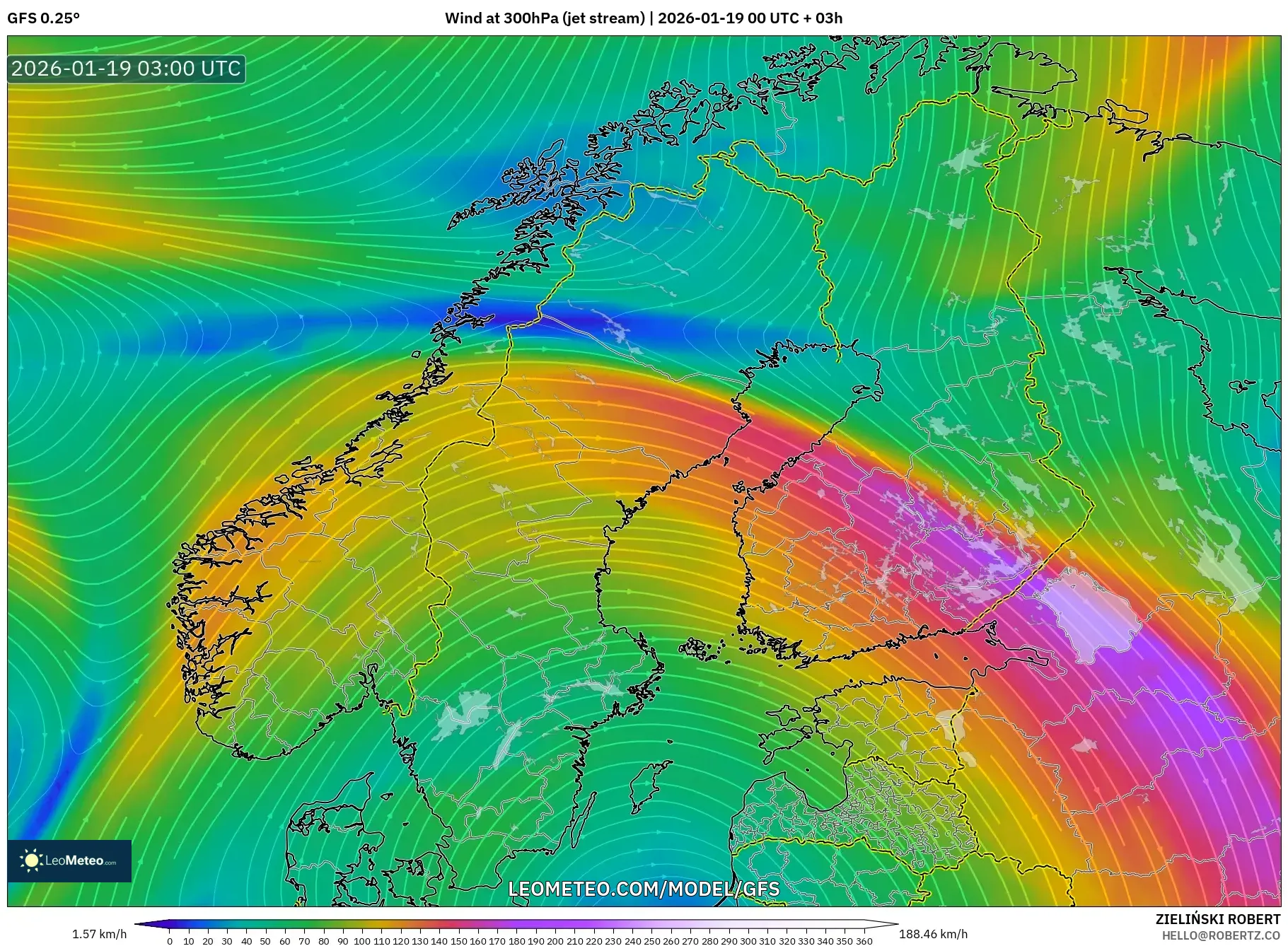 GFS model - Scandinavia, Wind at 300hPa (jet stream)
