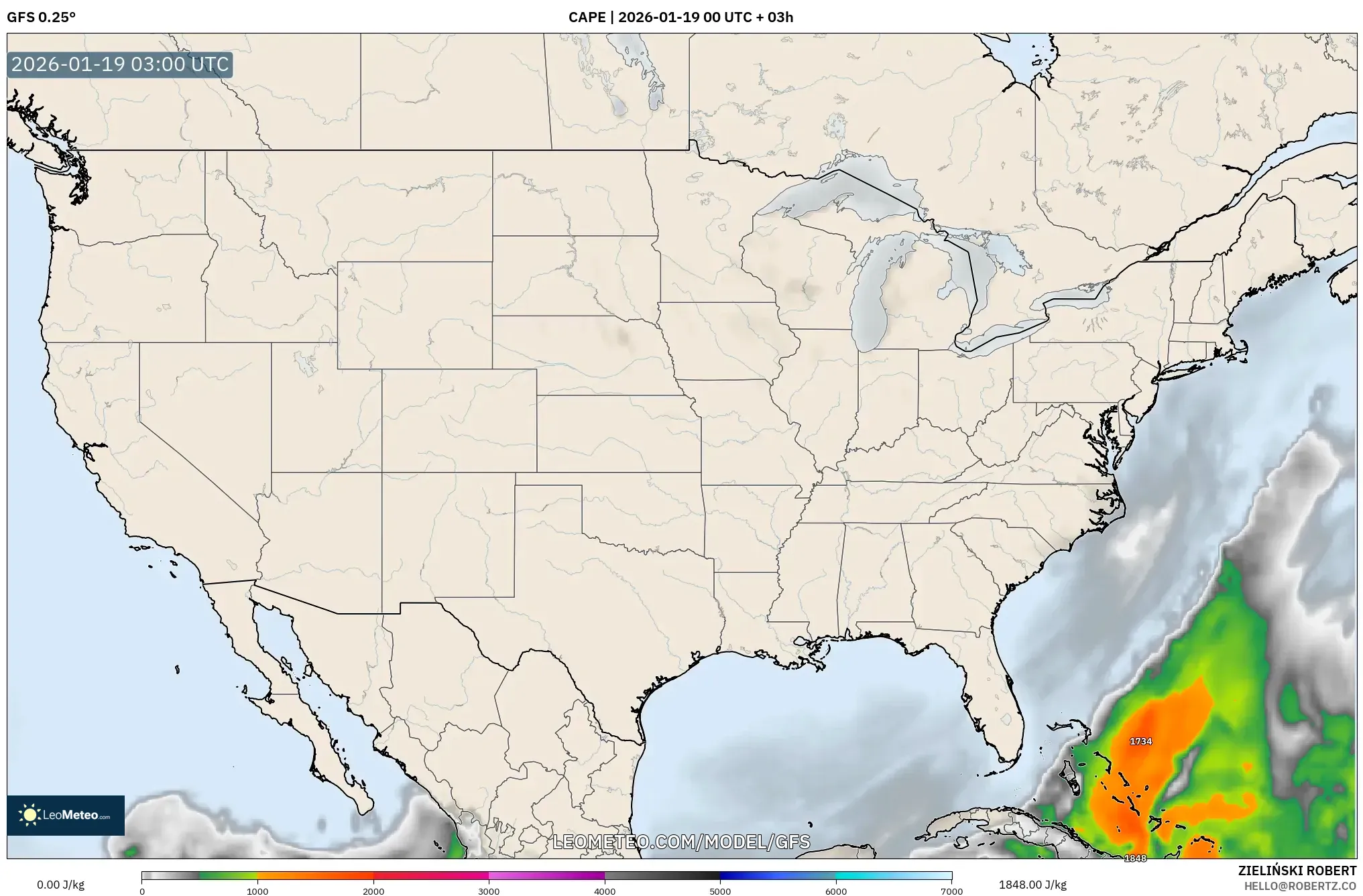GFS model - United States, CAPE