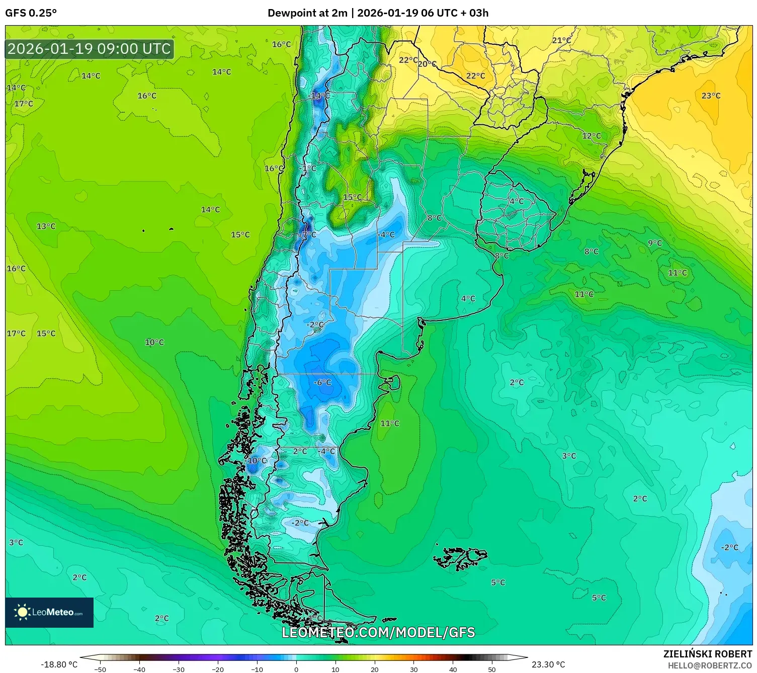 GFS model - Argentina, Dewpoint at 2m