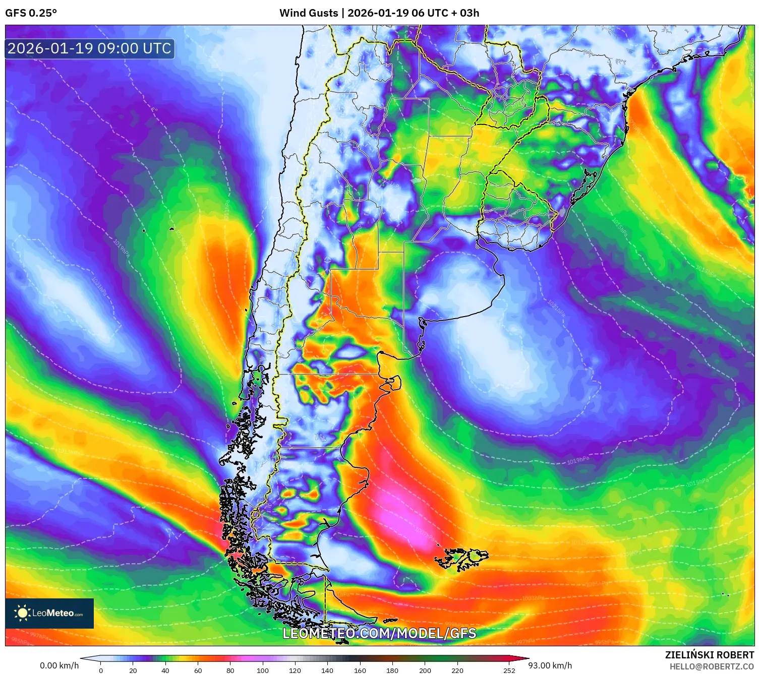 GFS model - Argentina, Wind Gusts