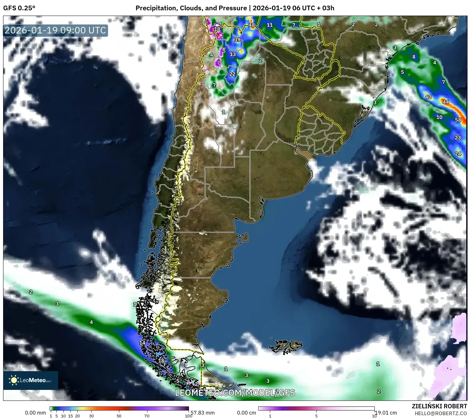 GFS model - Argentina, Precipitation, Clouds, and Pressure
