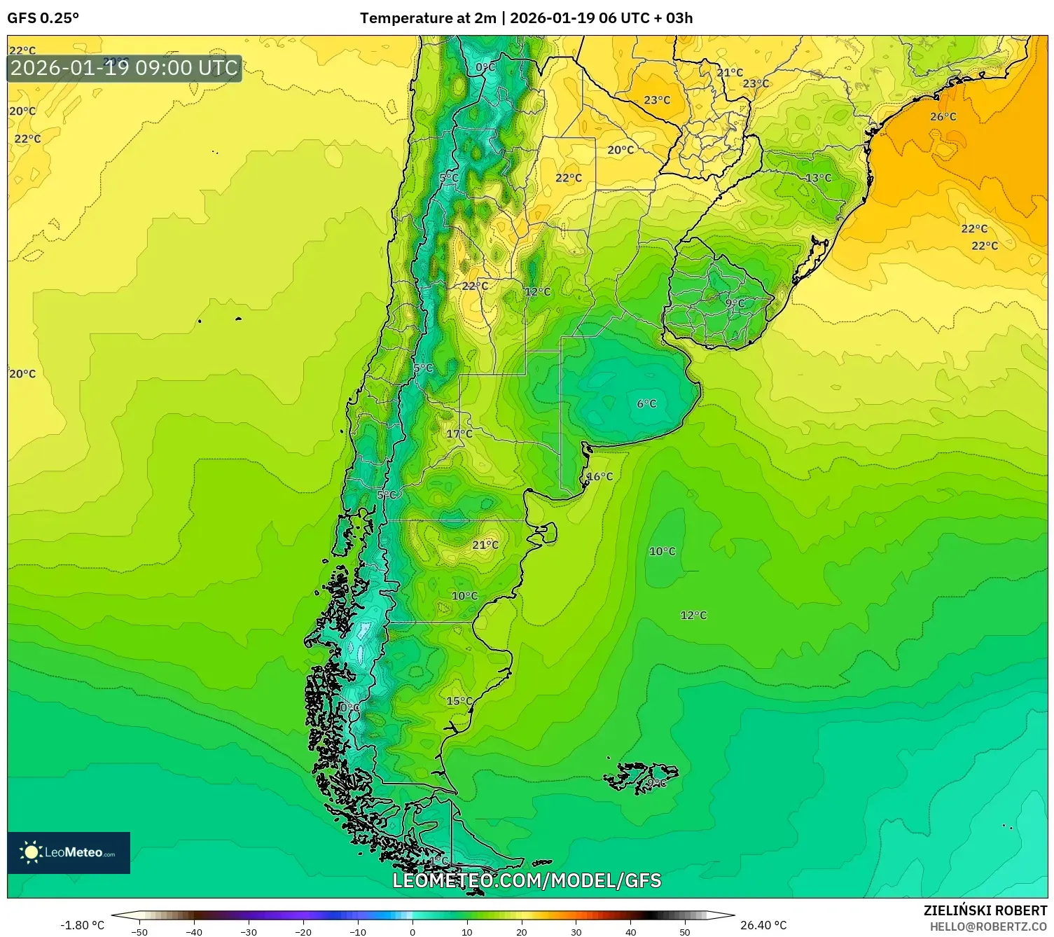 GFS model - Argentina, Temperature at 2m