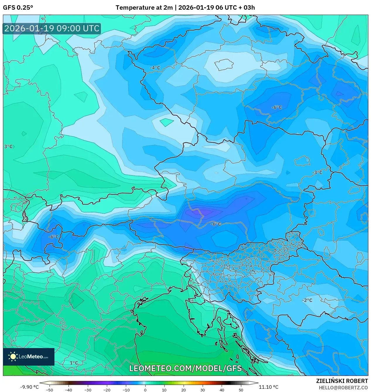 GFS model - Austria, Temperature at 2m