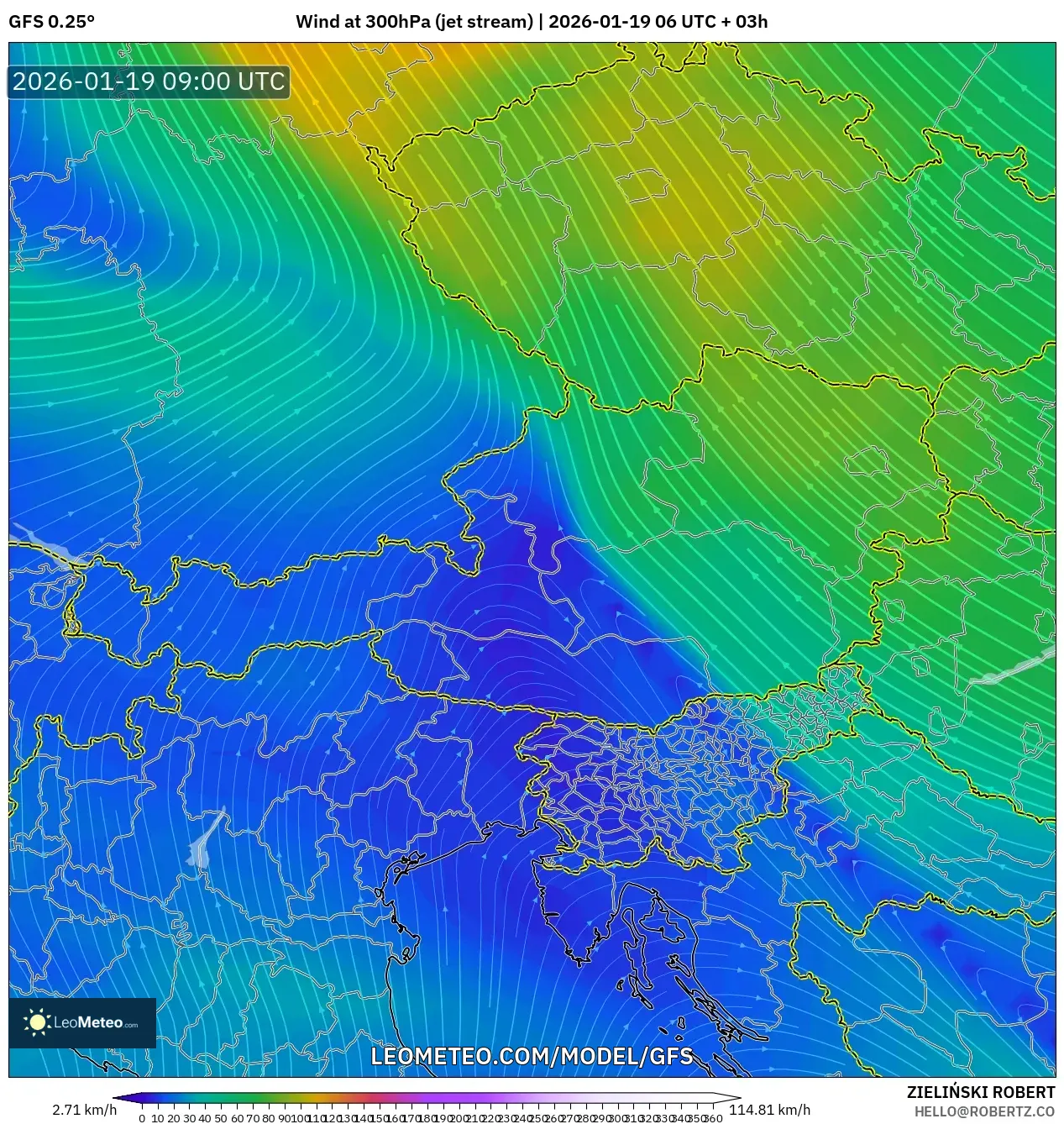 GFS model - Austria, Wind at 300hPa (jet stream)