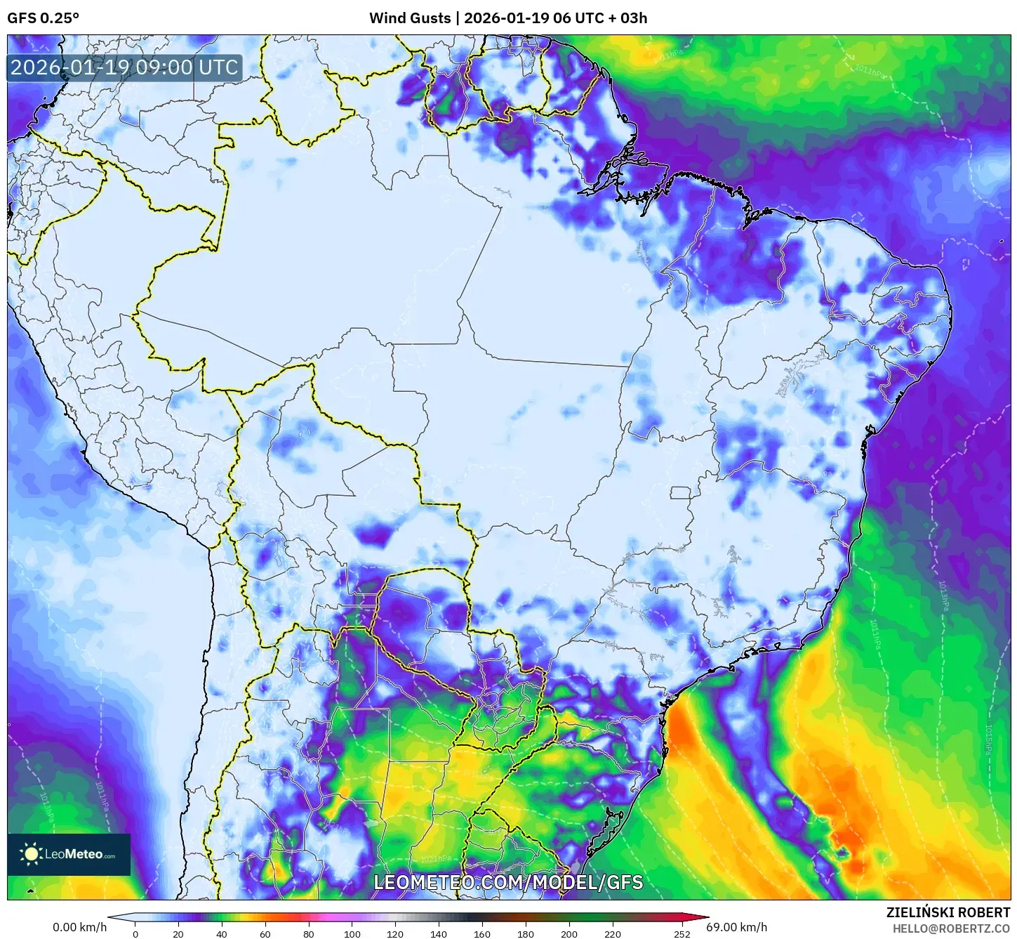 GFS model - Brazil, Wind Gusts