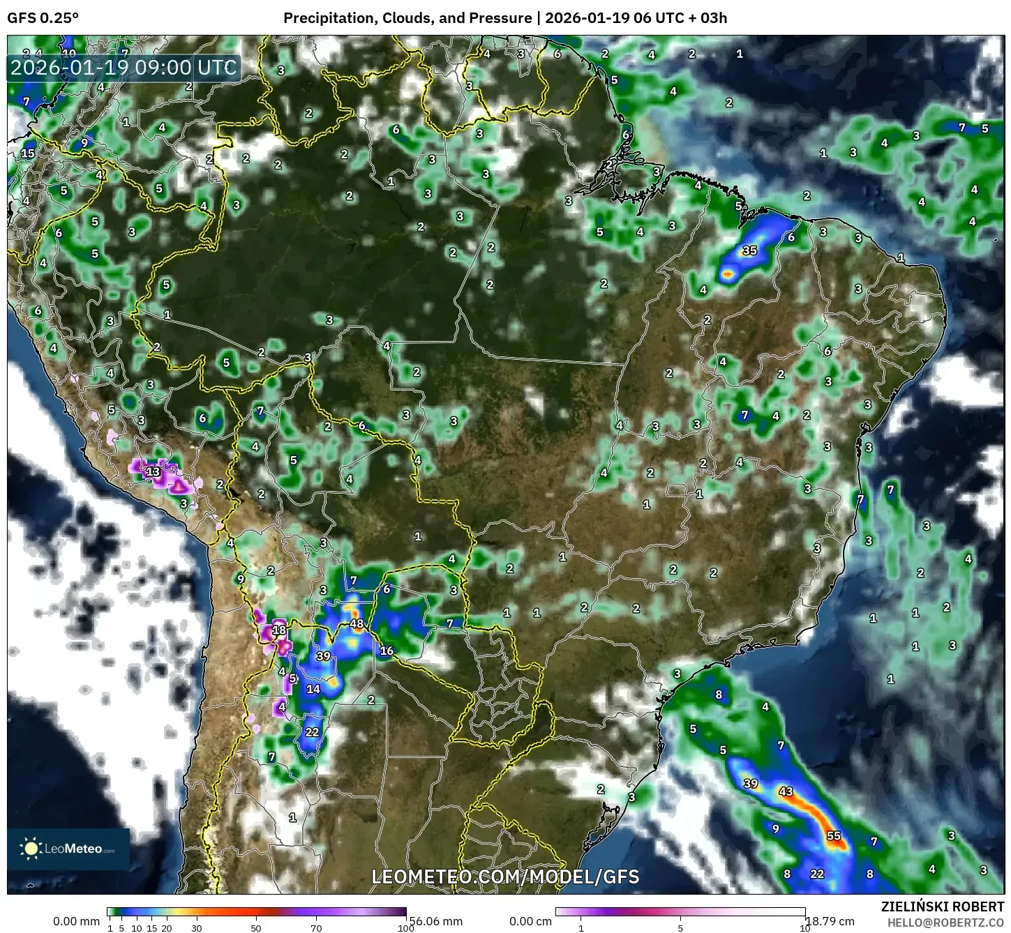 GFS model - Brazil, Precipitation, Clouds, and Pressure