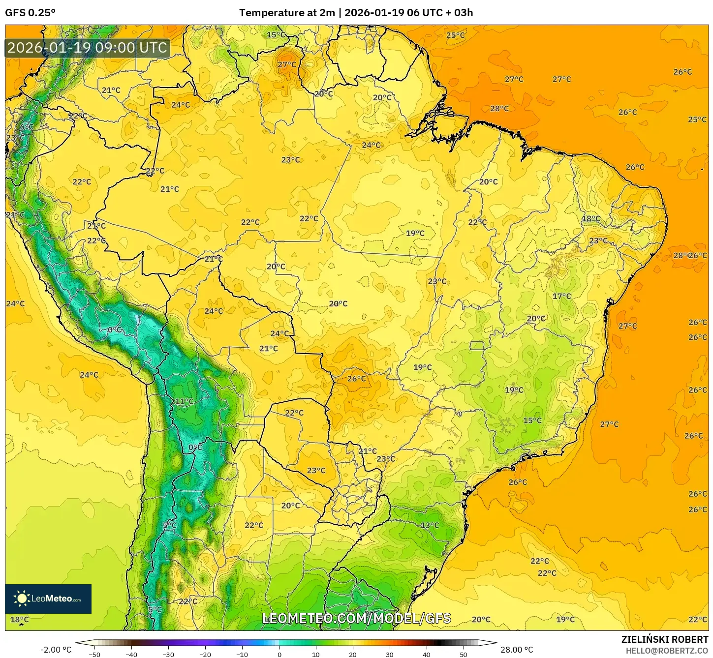 GFS model - Brazil, Temperature at 2m