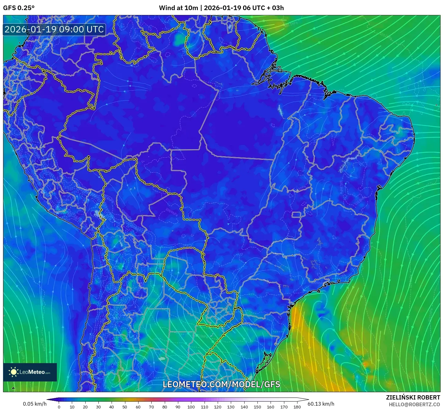 GFS model - Brazil, Wind at 10m