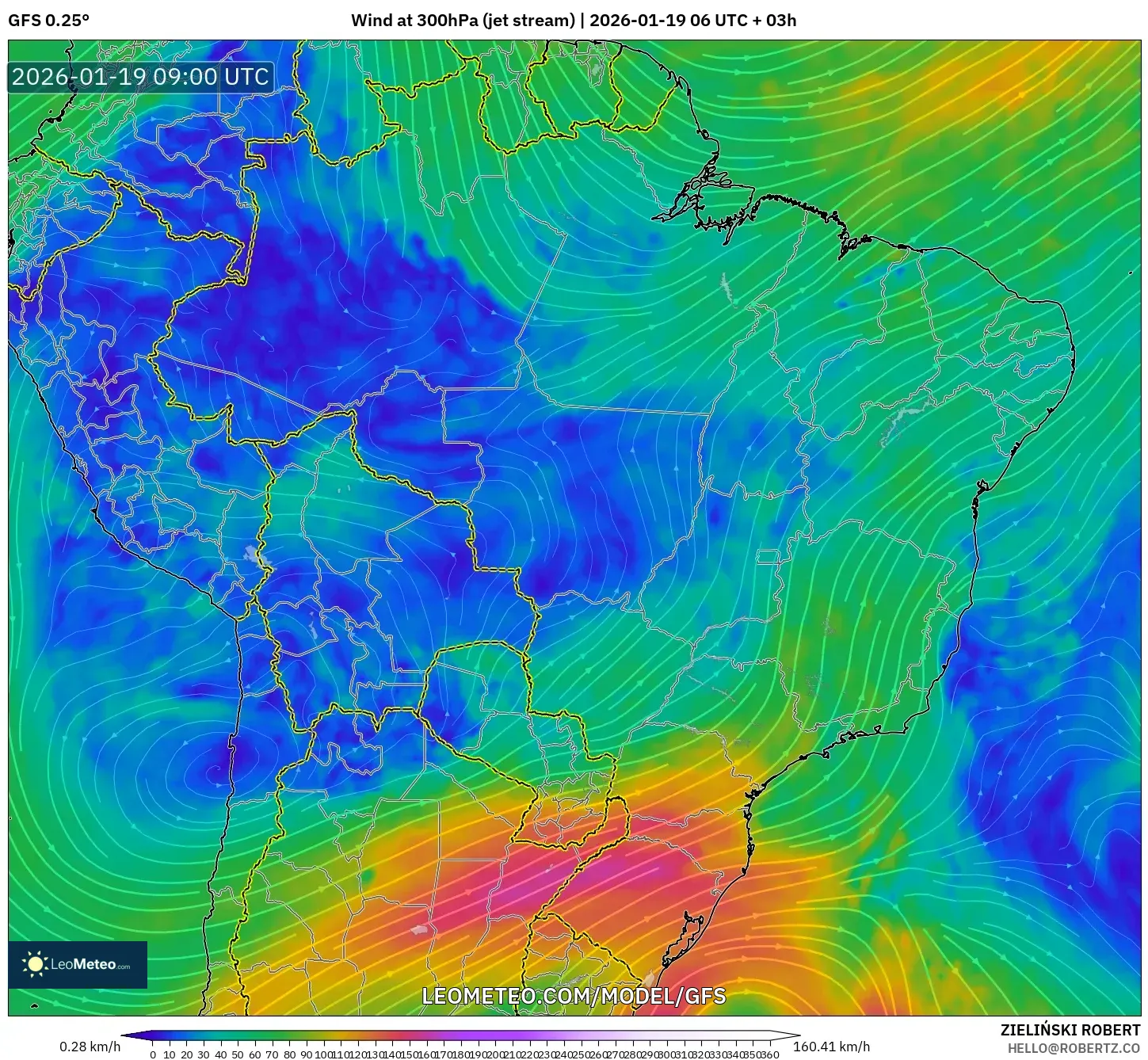 GFS model - Brazil, Wind at 300hPa (jet stream)