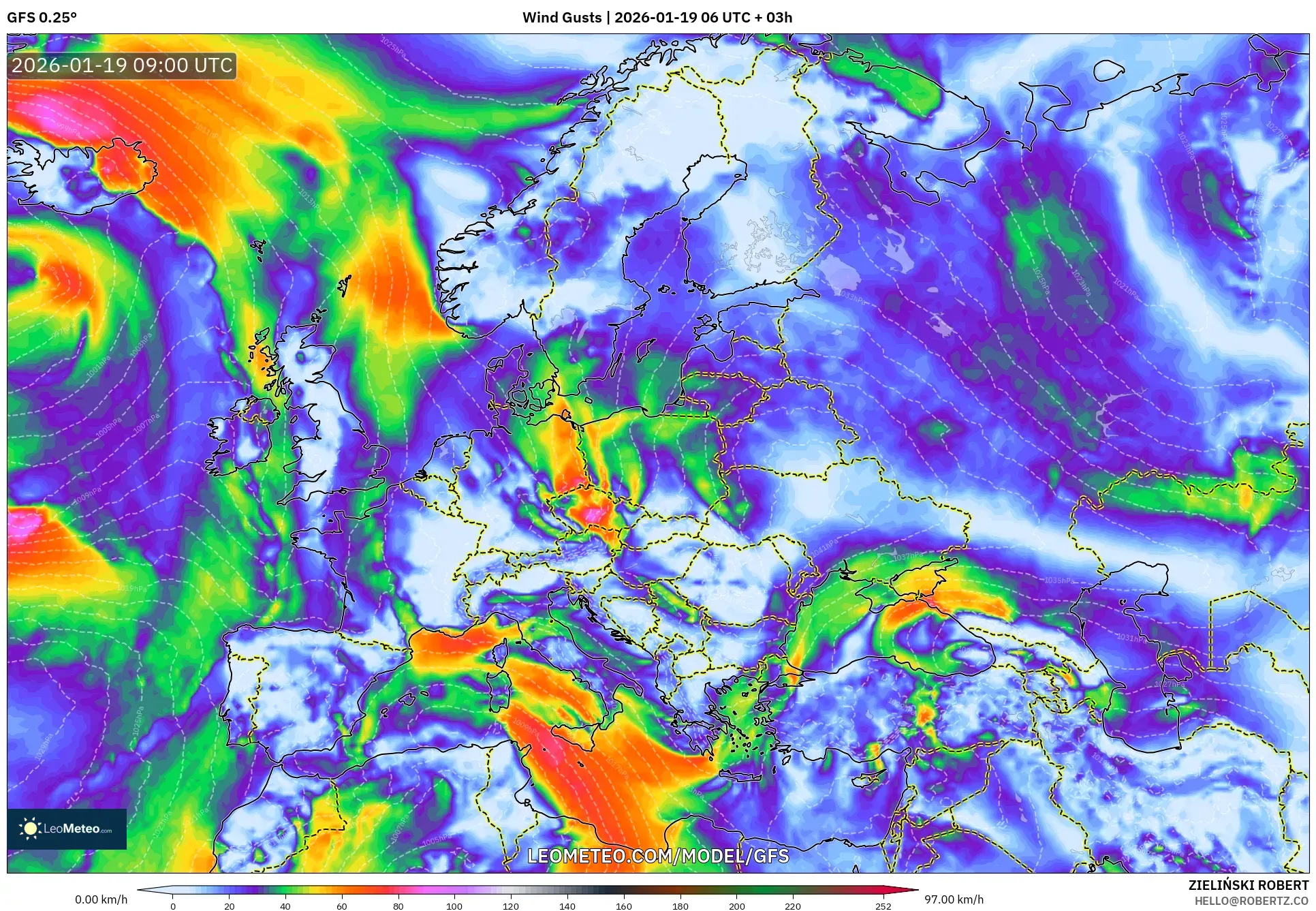 GFS model - Europe, Wind Gusts