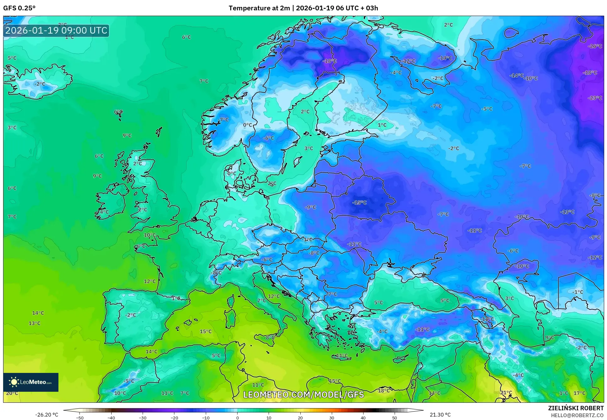 GFS model - Europe, Temperature at 2m