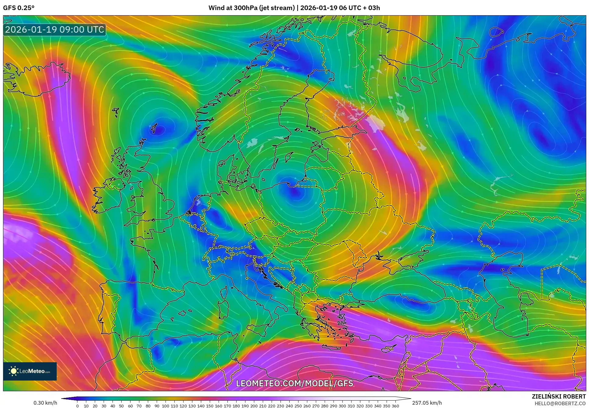 GFS model - Europe, Wind at 300hPa (jet stream)