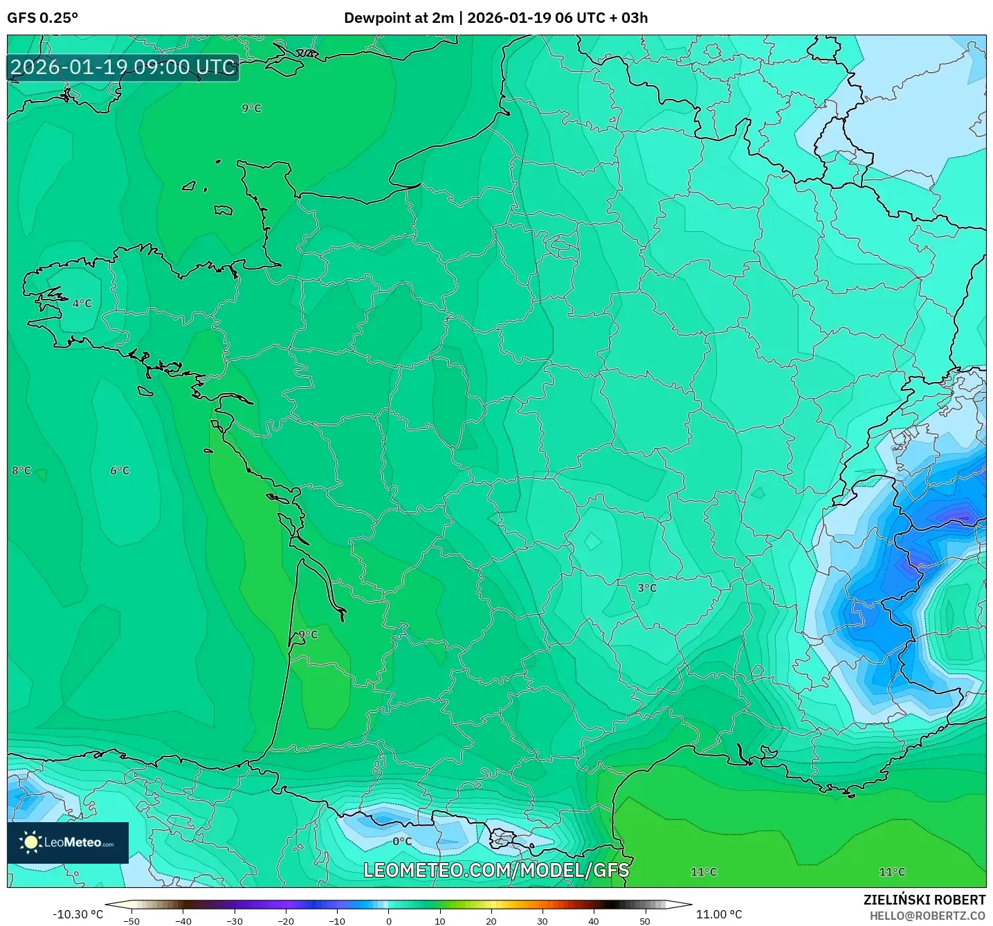 GFS model - France, Dewpoint at 2m