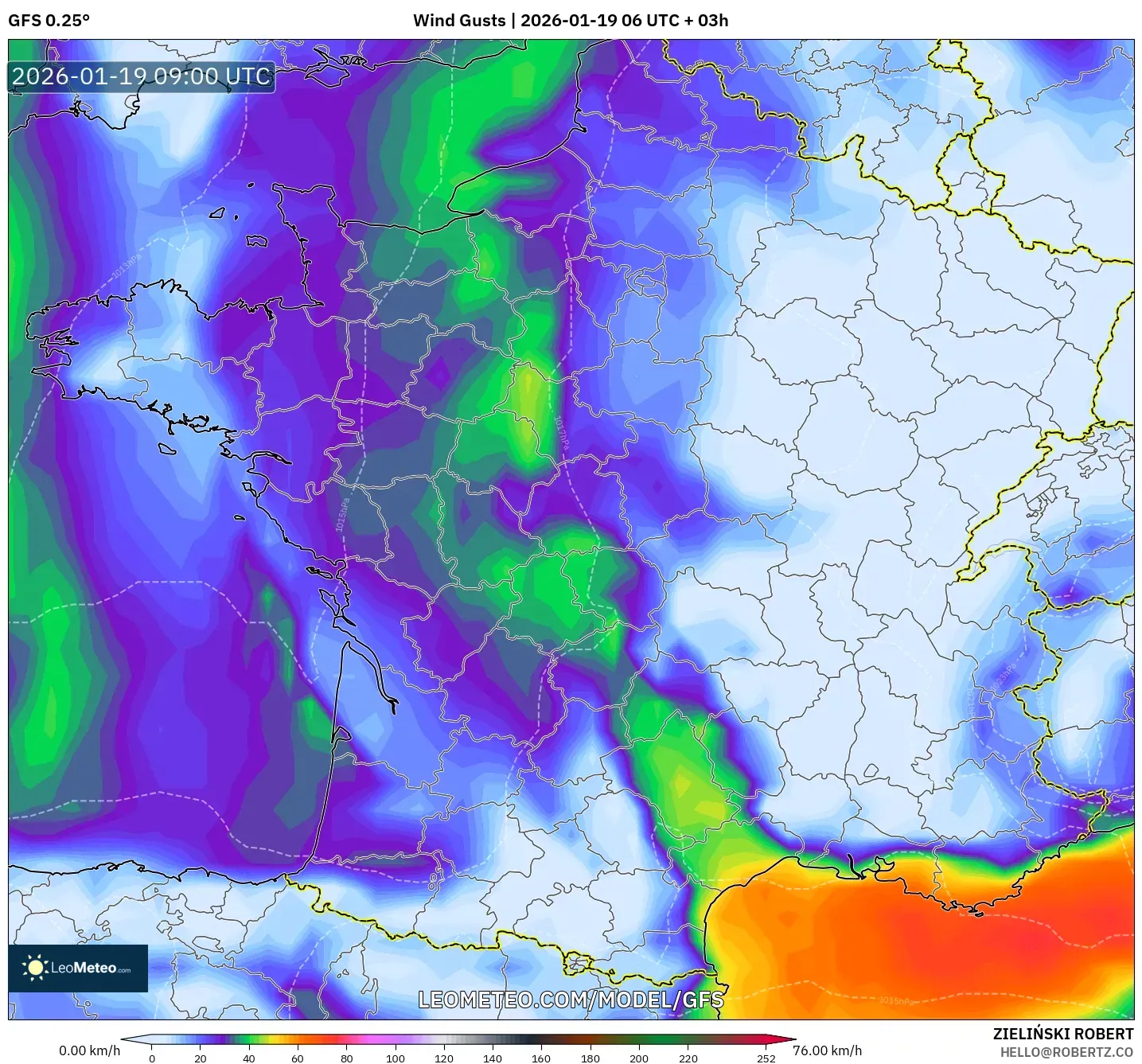 GFS model - France, Wind Gusts