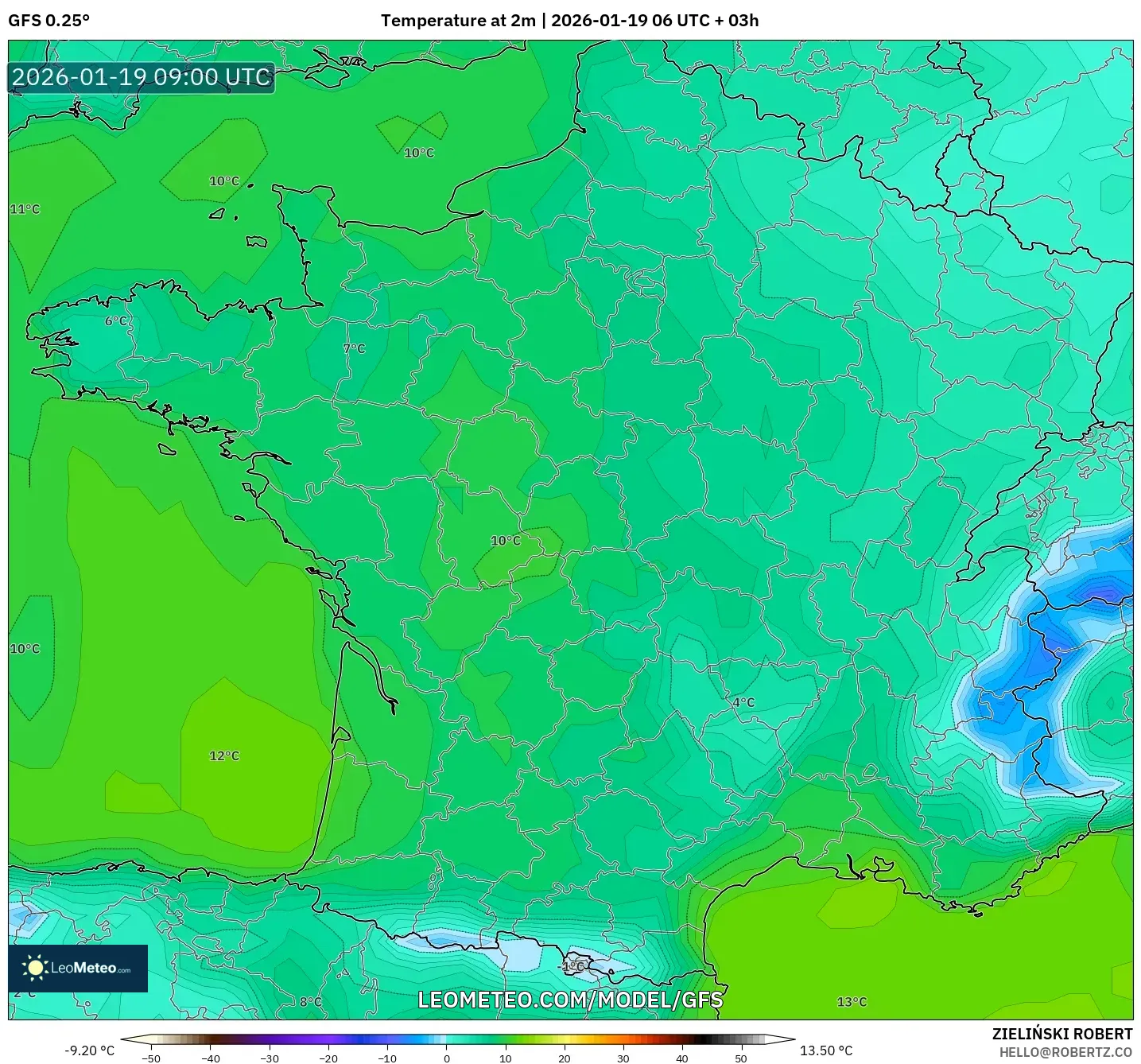 GFS model - France, Temperature at 2m