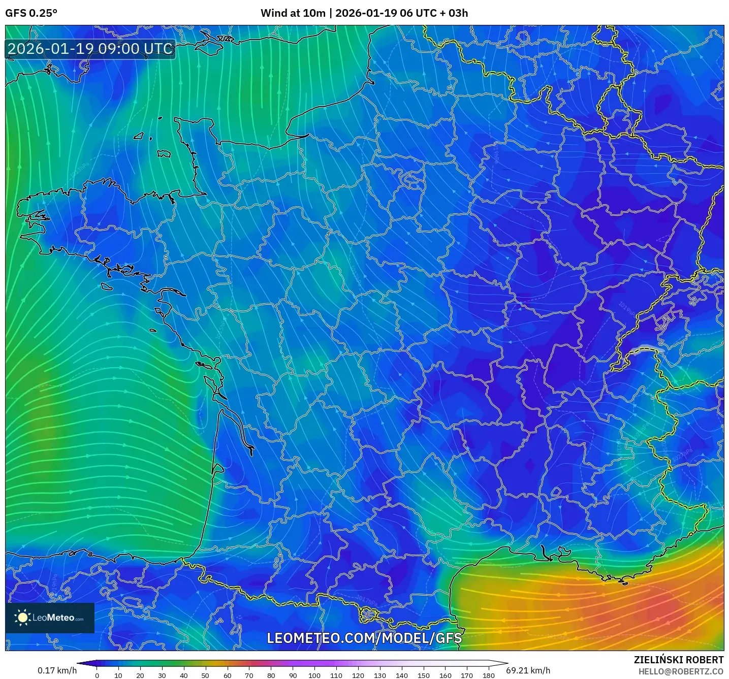GFS model - France, Wind at 10m
