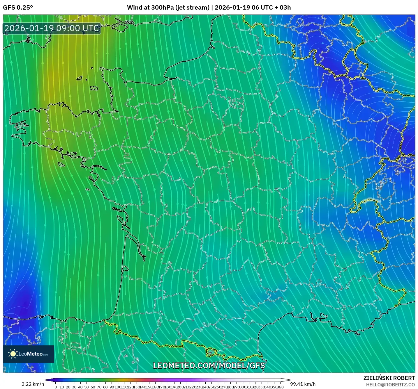 GFS model - France, Wind at 300hPa (jet stream)