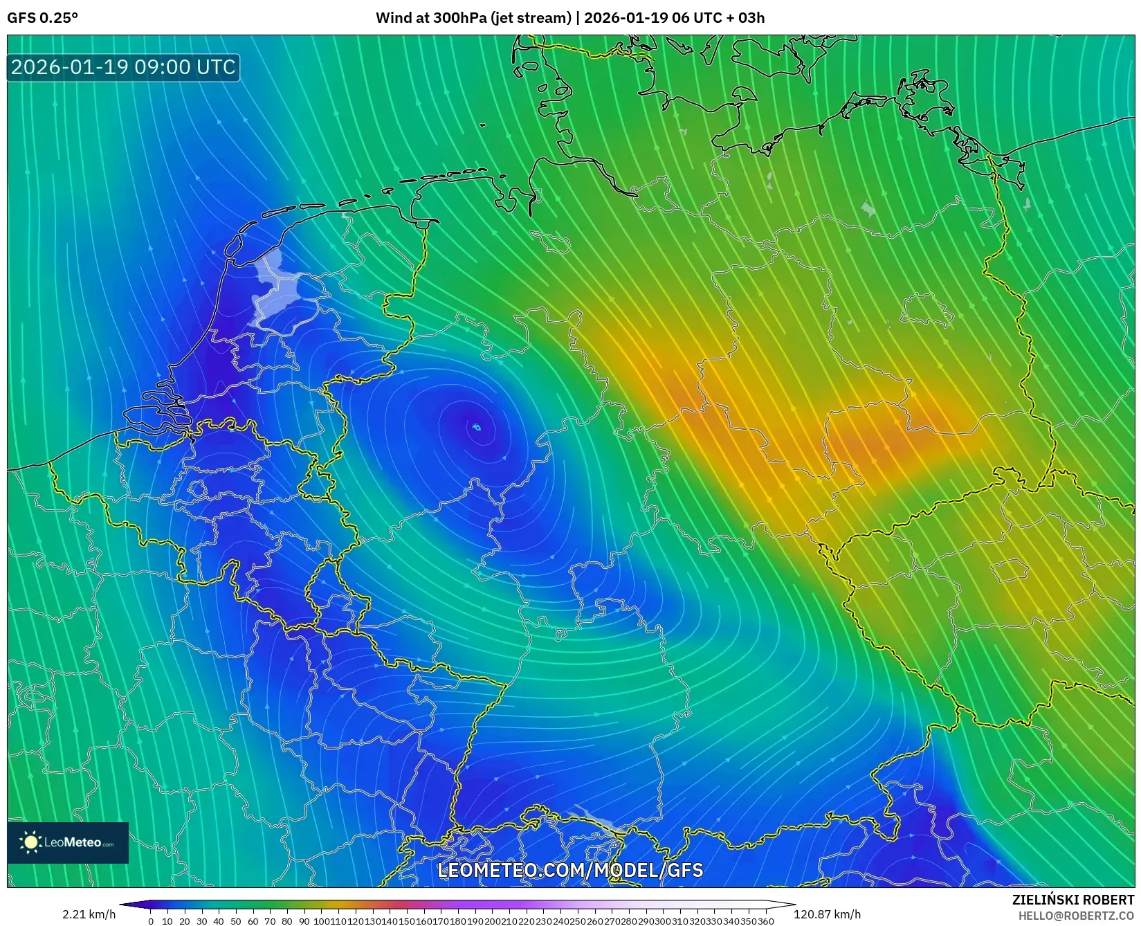 GFS model - Germany, Wind at 300hPa (jet stream)