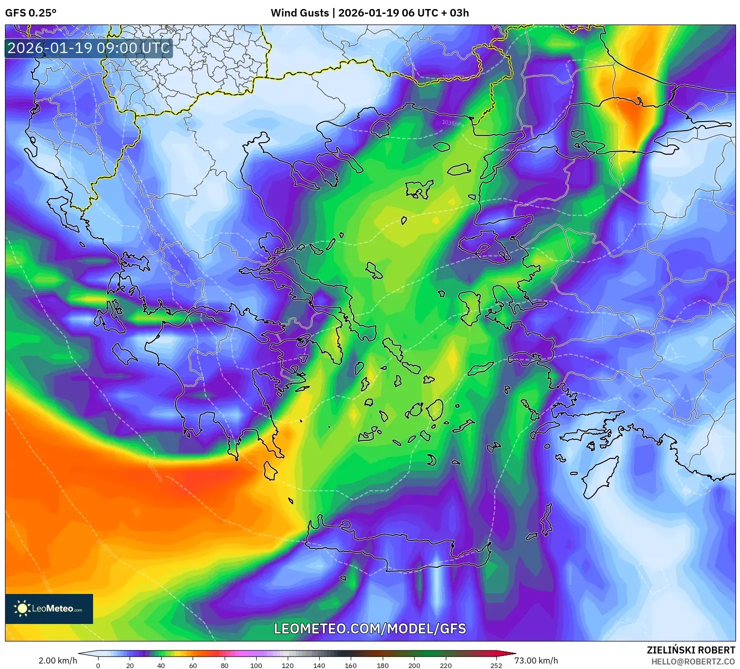 GFS model - Greece, Wind Gusts