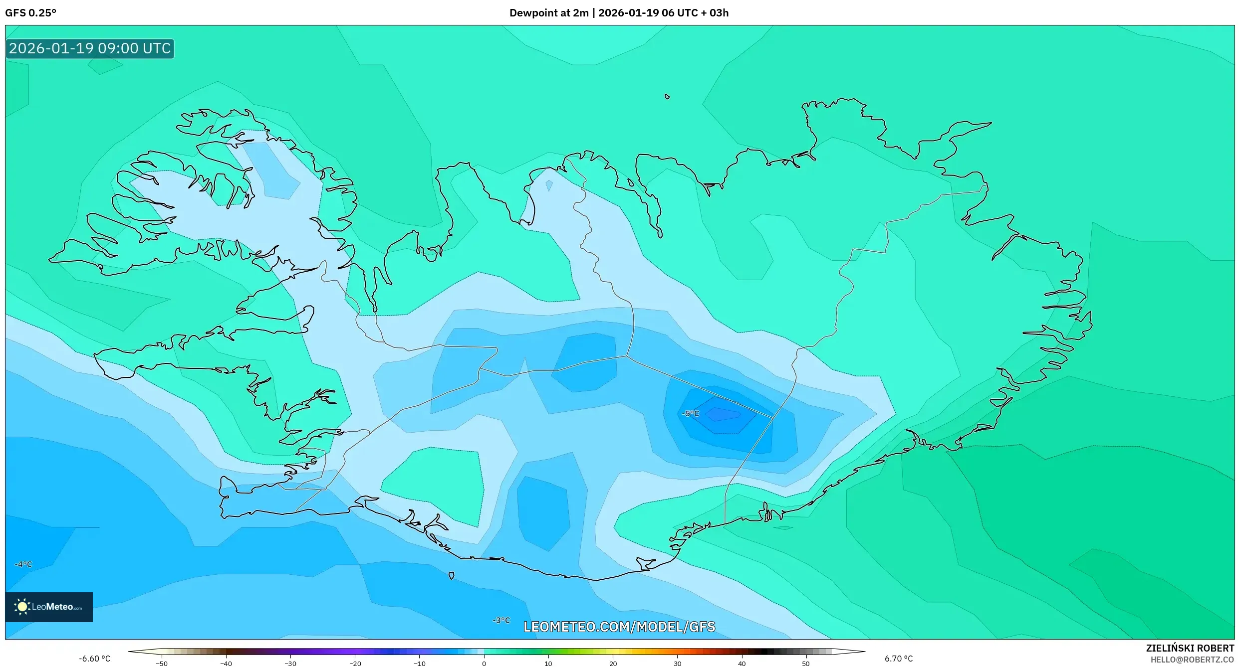 GFS model - Iceland, Dewpoint at 2m