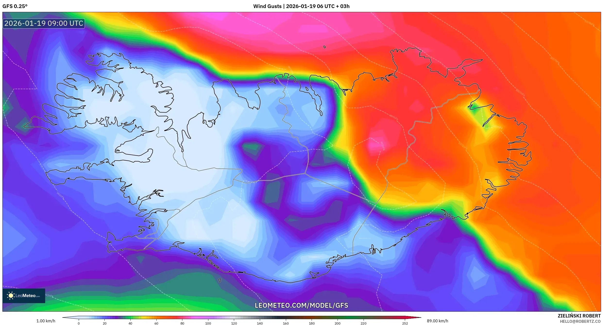 GFS model - Iceland, Wind Gusts