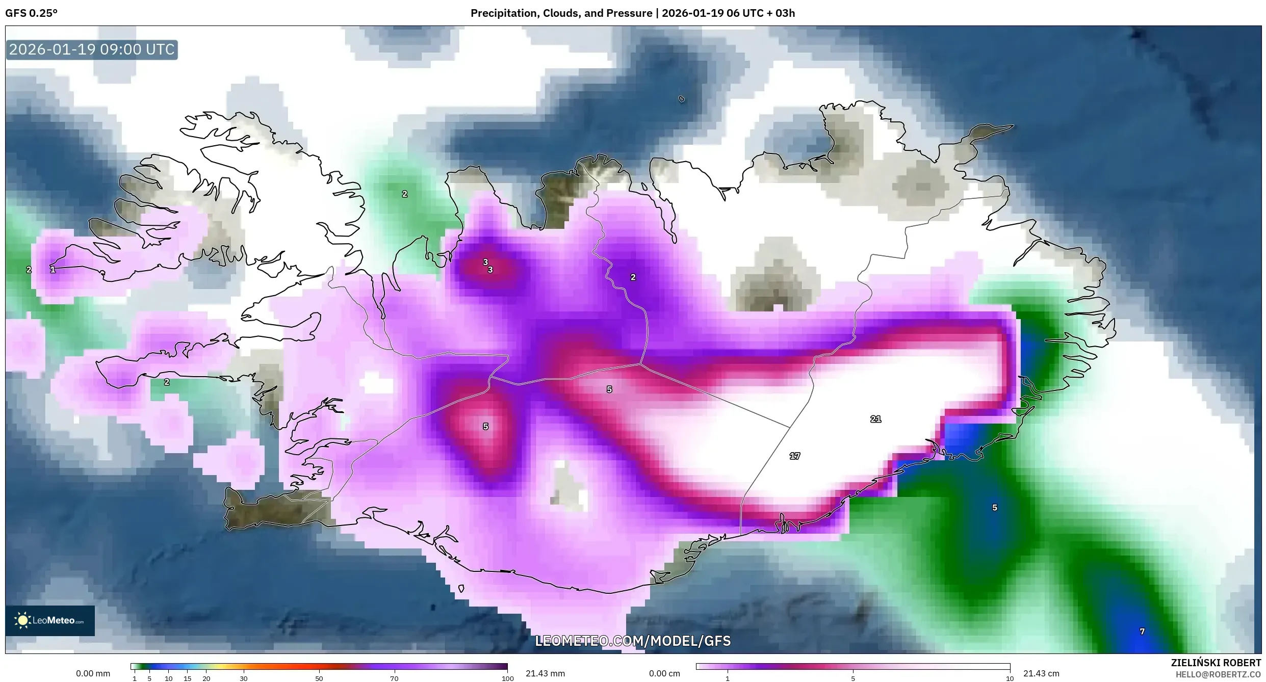 GFS model - Iceland, Precipitation, Clouds, and Pressure