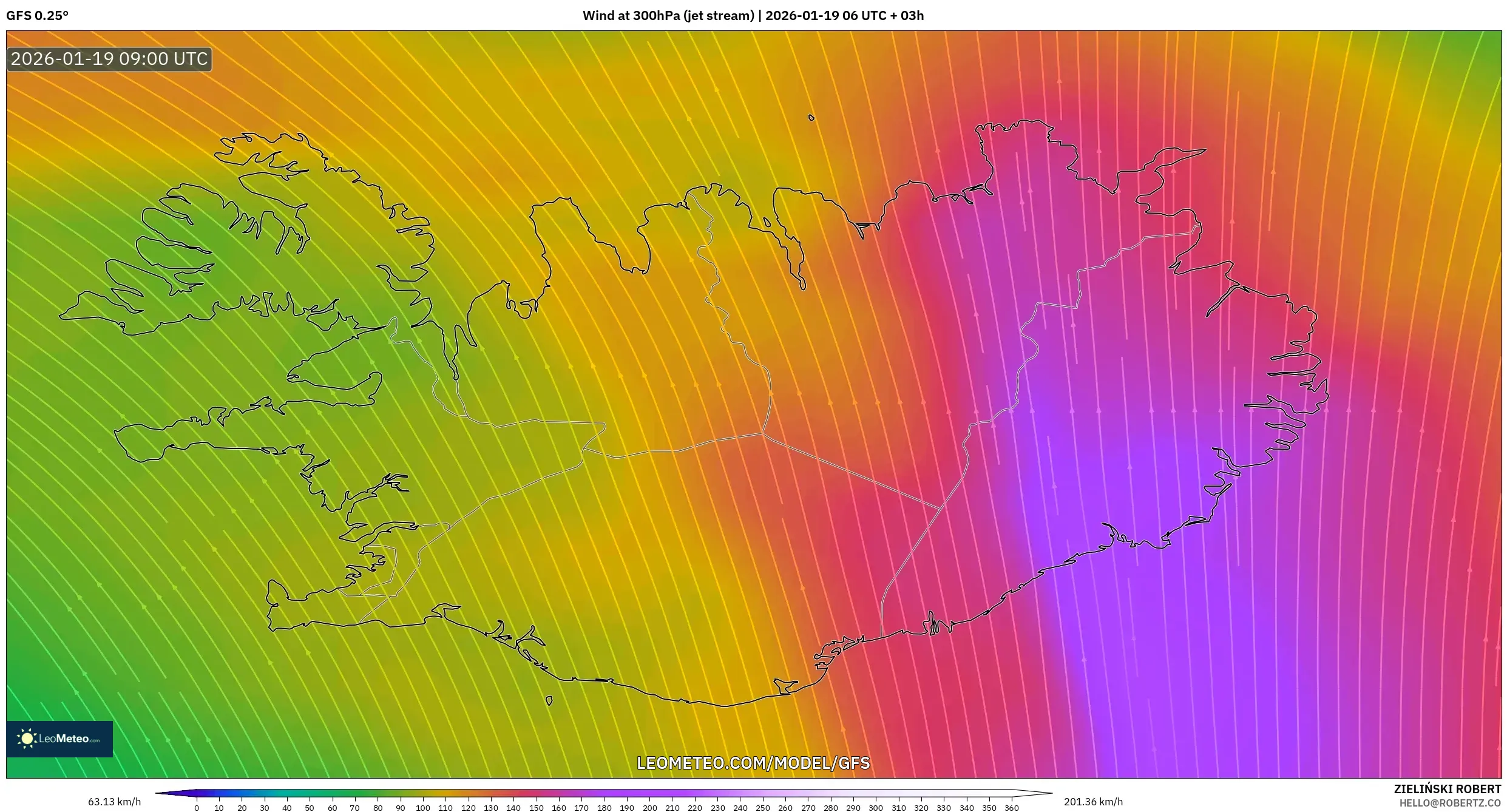 GFS model - Iceland, Wind at 300hPa (jet stream)