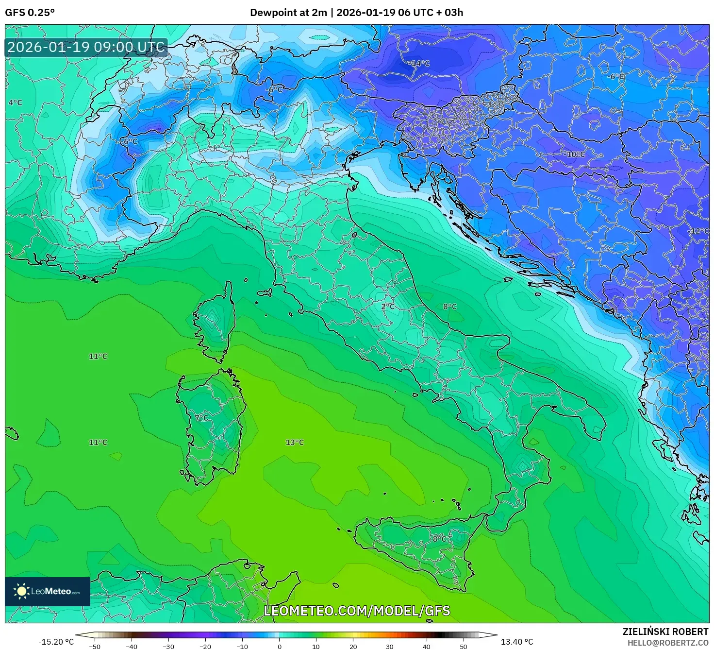 GFS model - Italy, Dewpoint at 2m