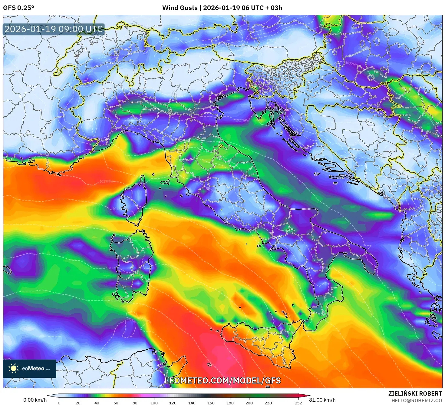 GFS model - Italy, Wind Gusts