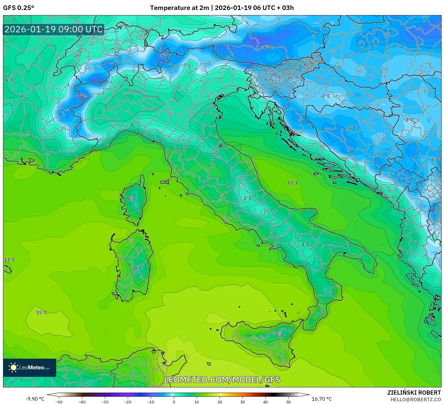 GFS model - Italy, Temperature at 2m
