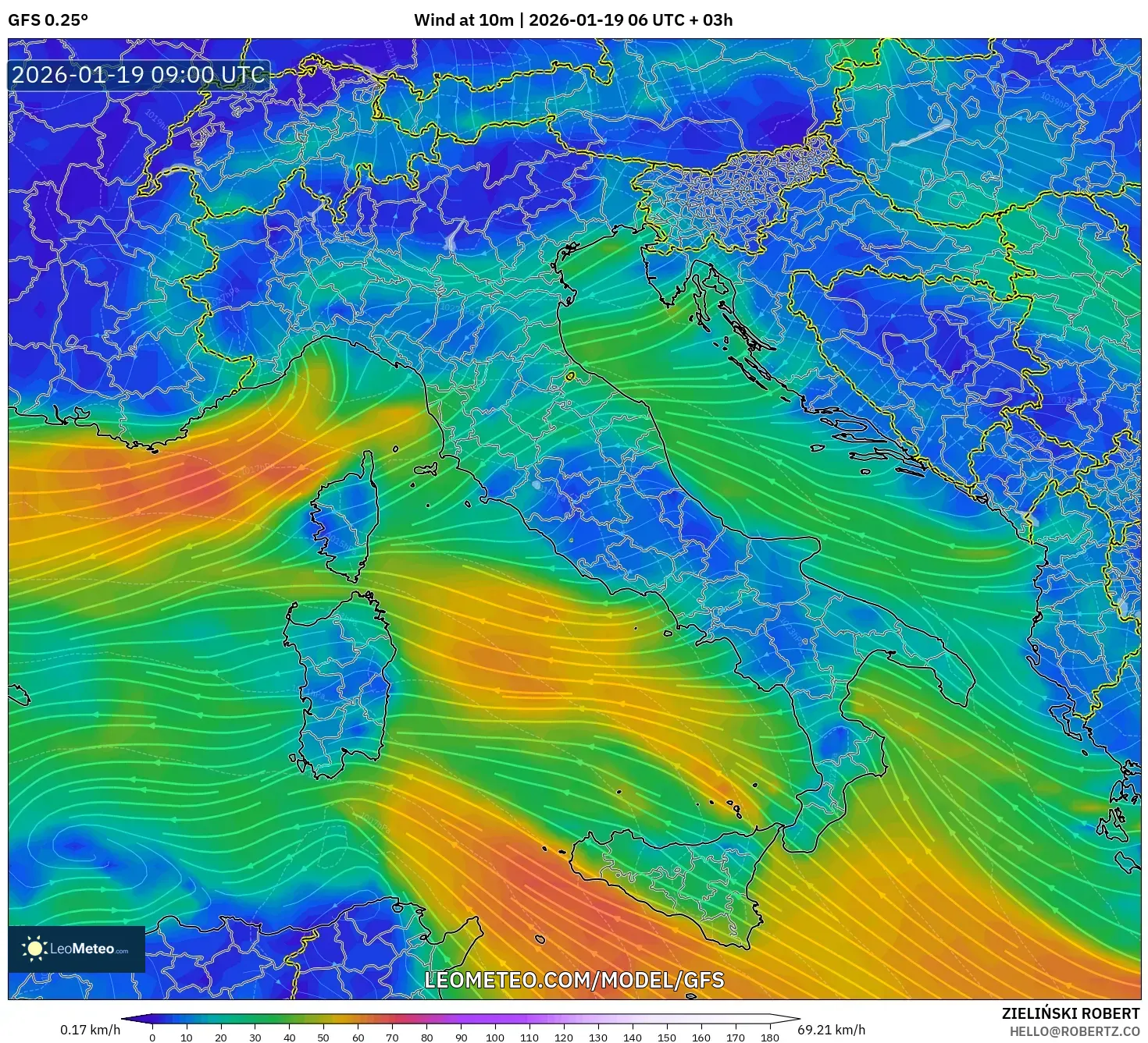 GFS model - Italy, Wind at 10m