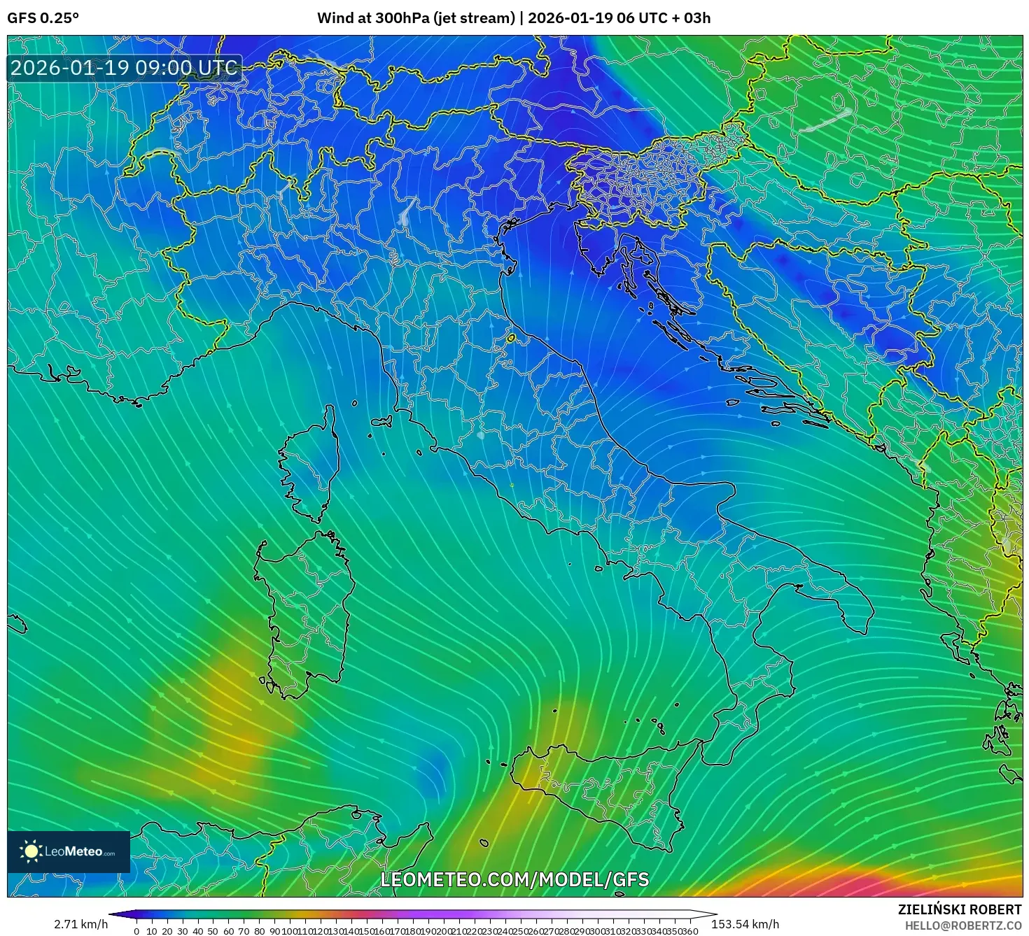GFS model - Italy, Wind at 300hPa (jet stream)