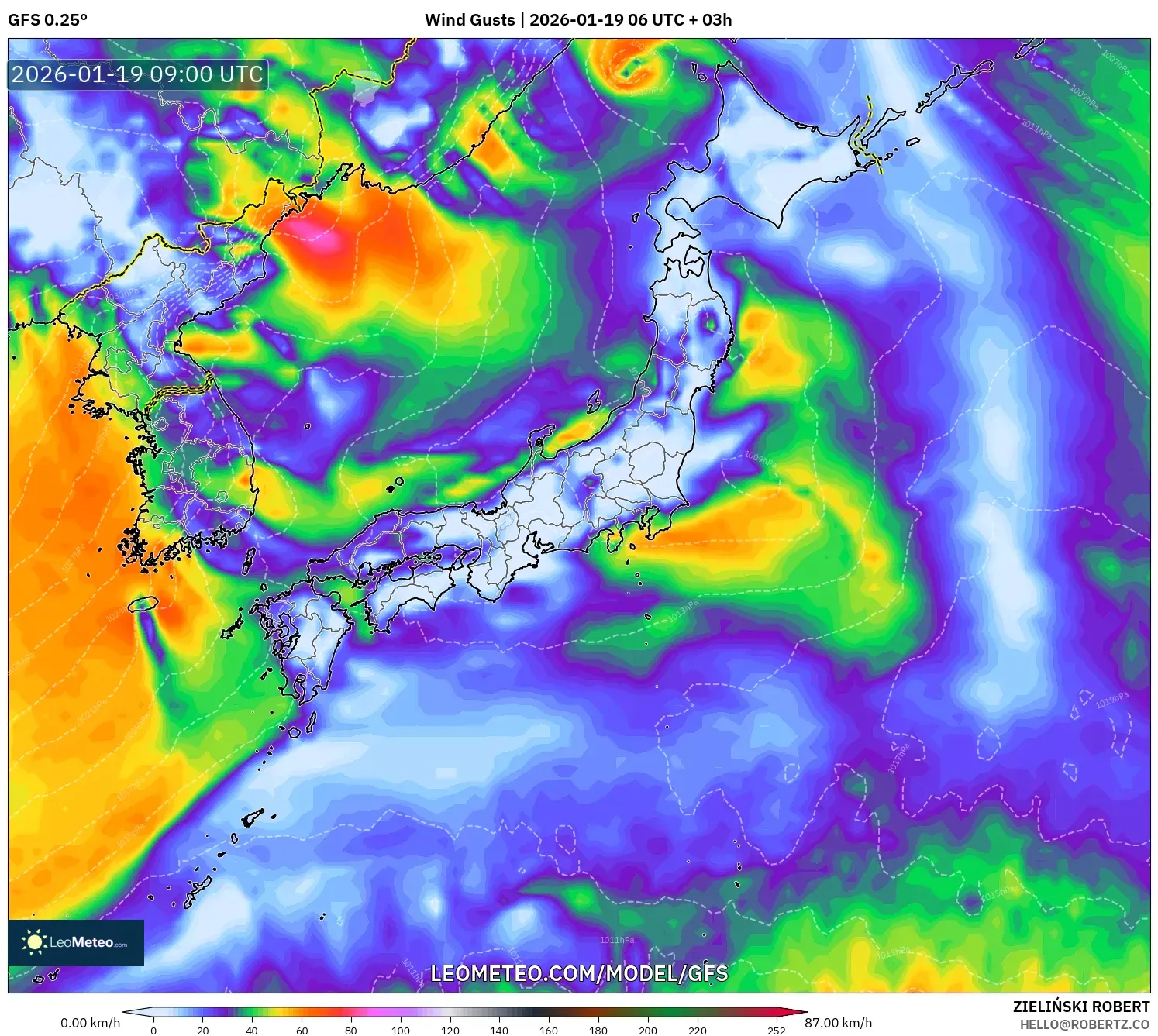 GFS model - Japan, Wind Gusts