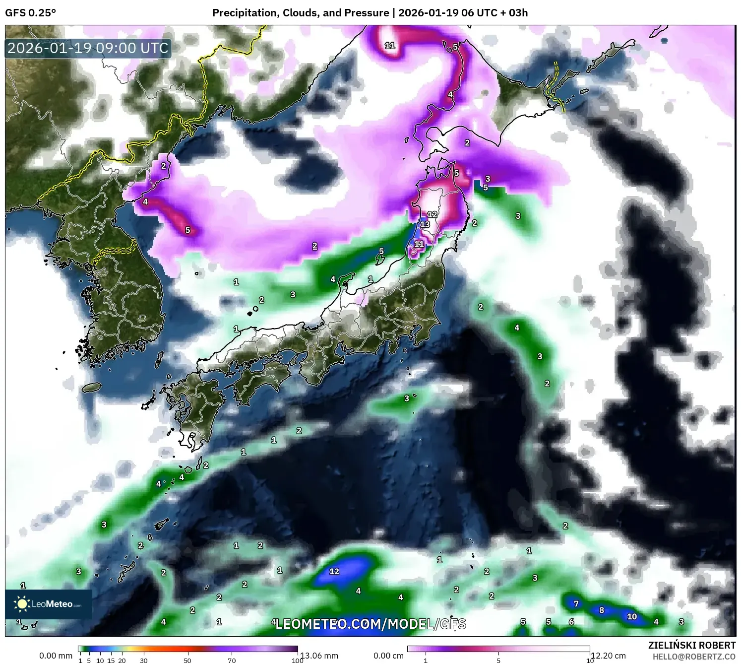 GFS model - Japan, Precipitation, Clouds, and Pressure